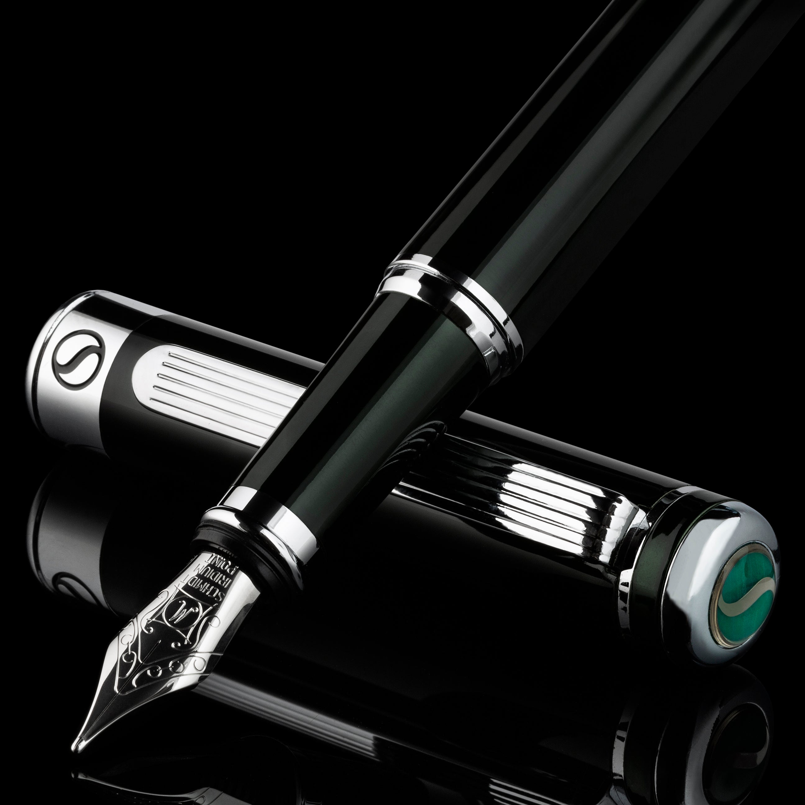 Scriveiner Black Green Fountain Pen (Medium) - Stunning Luxury Pen with Chrome Finish