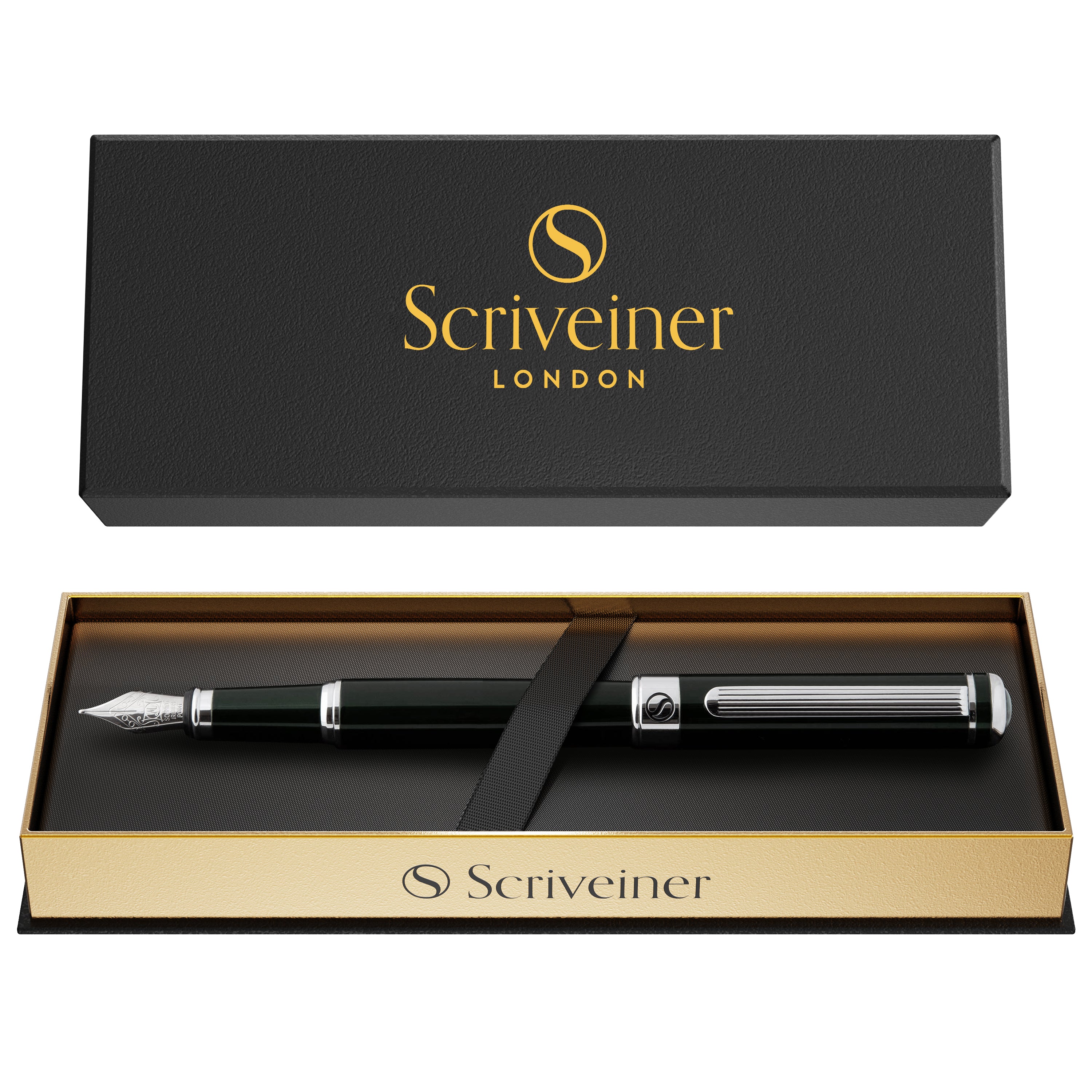 Scriveiner Black Green Fountain Pen (Fine)- Stunning Luxury Pen with Chrome Finish
