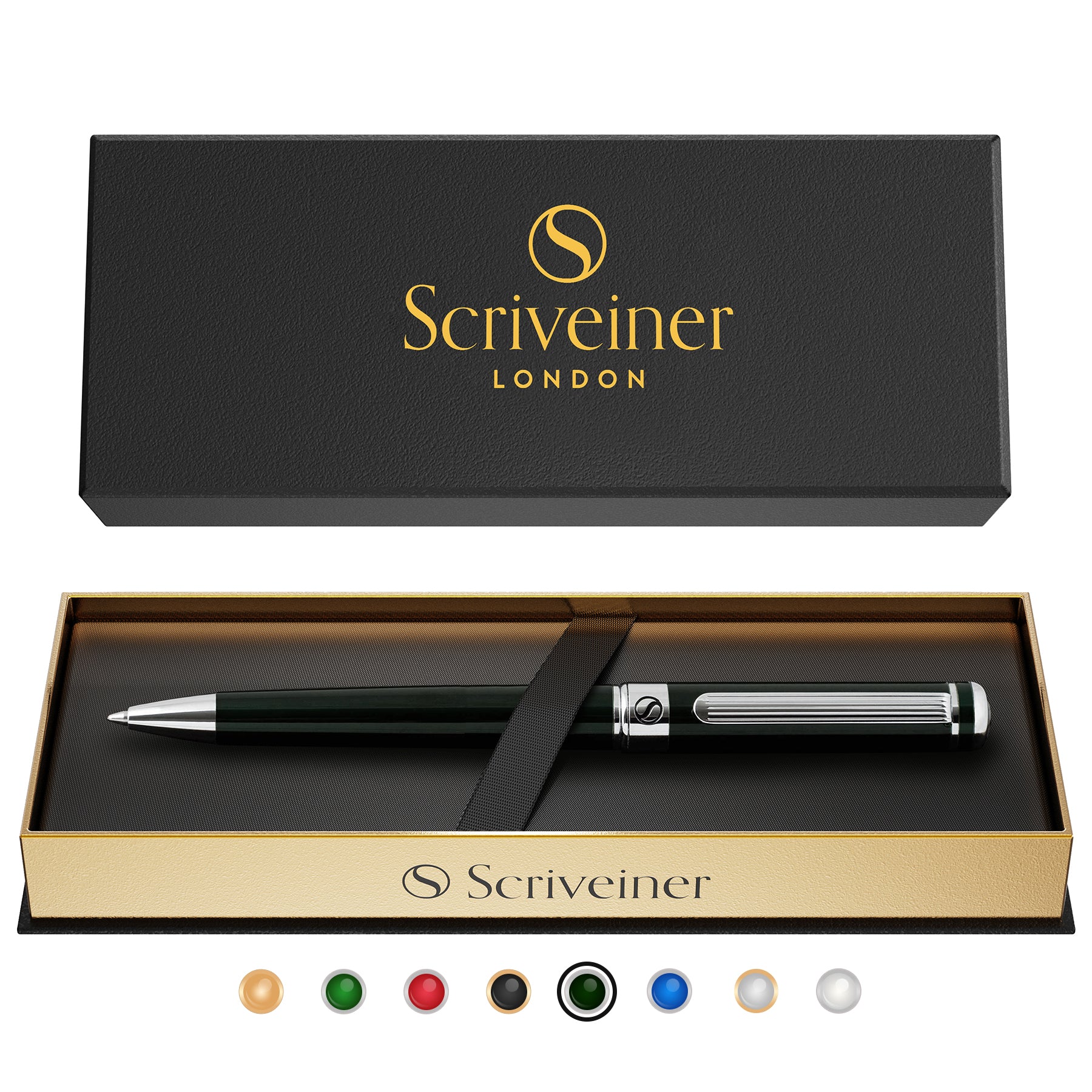 Scriveiner Black Green Ballpoint Pen - Black Green Luxury Pen, Chrome Finish