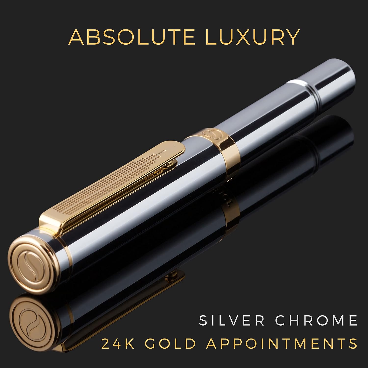 Scriveiner Silver Chrome Fountain Pen (Medium), Award Winning Luxury Pen, Heavy Pocket Pen with 24K Gold Finish