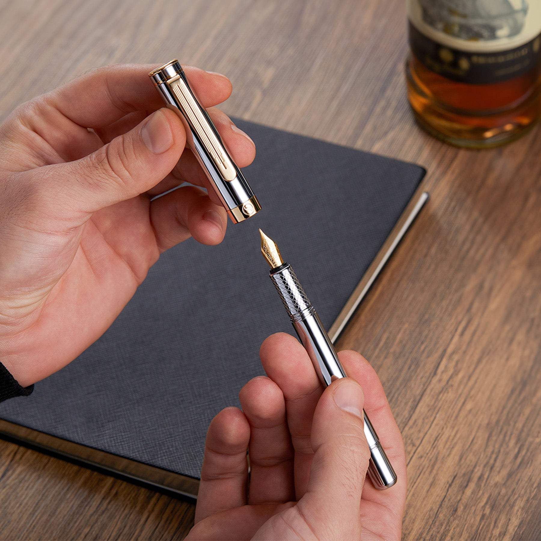 Scriveiner EDC Silver Gold Fountain Pen - Fine Nib