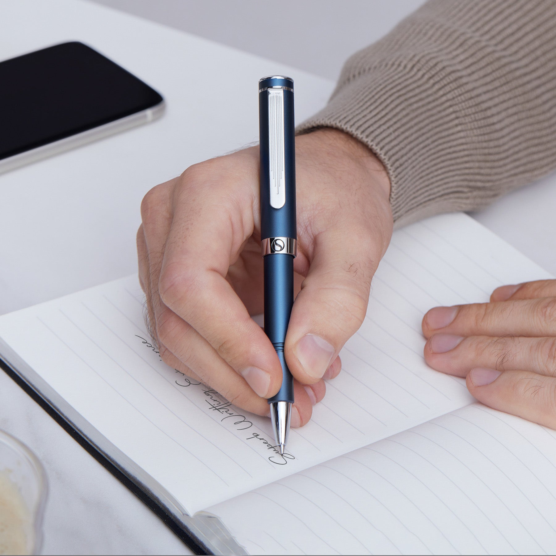Stylo roller de luxe bleu Scriveiner EDC, superbe stylo de poche avec finition chromée