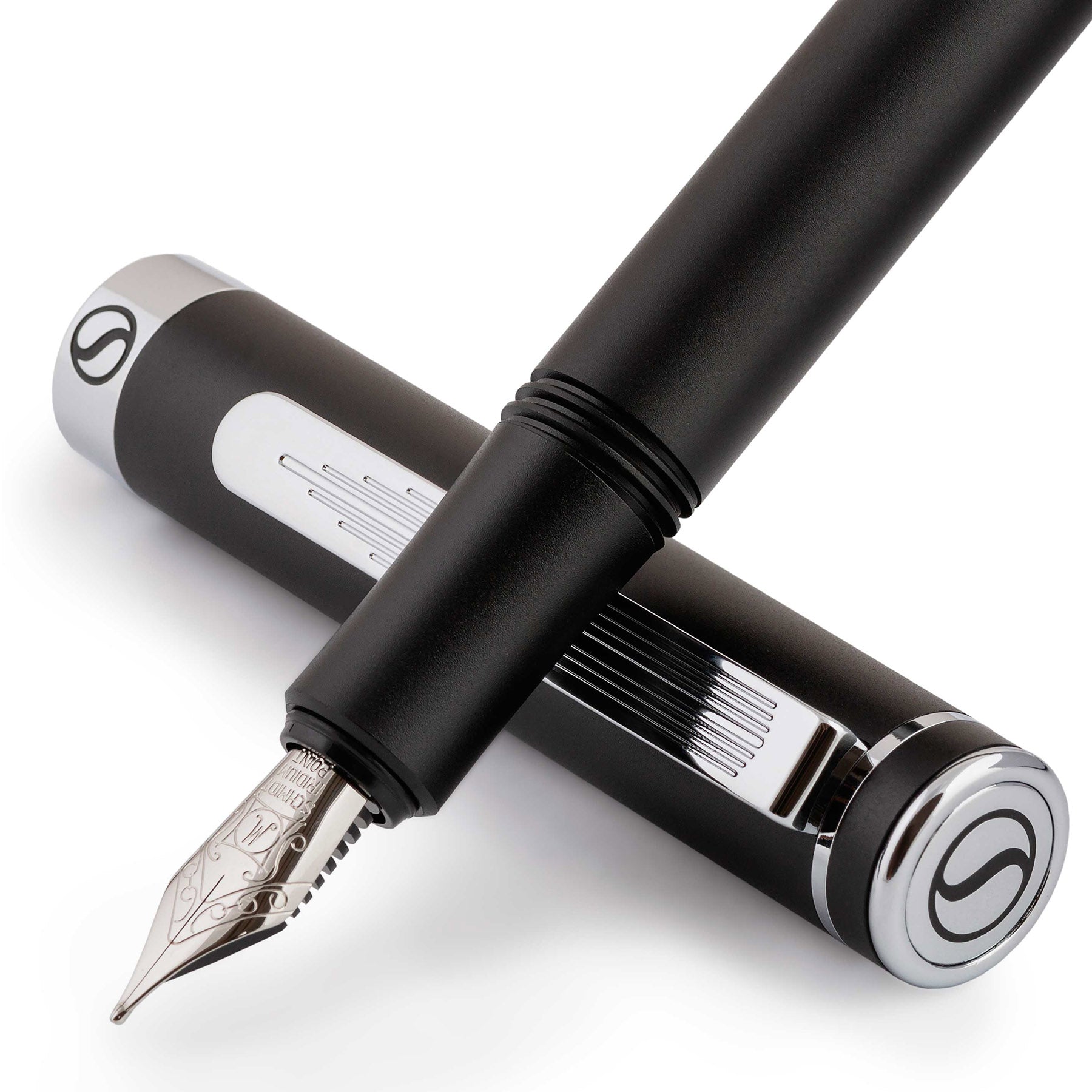 Scriveiner Luxury EDC Fountain Pen (Medium), Stunning Matt Black Pocket Pen, Chrome Finish