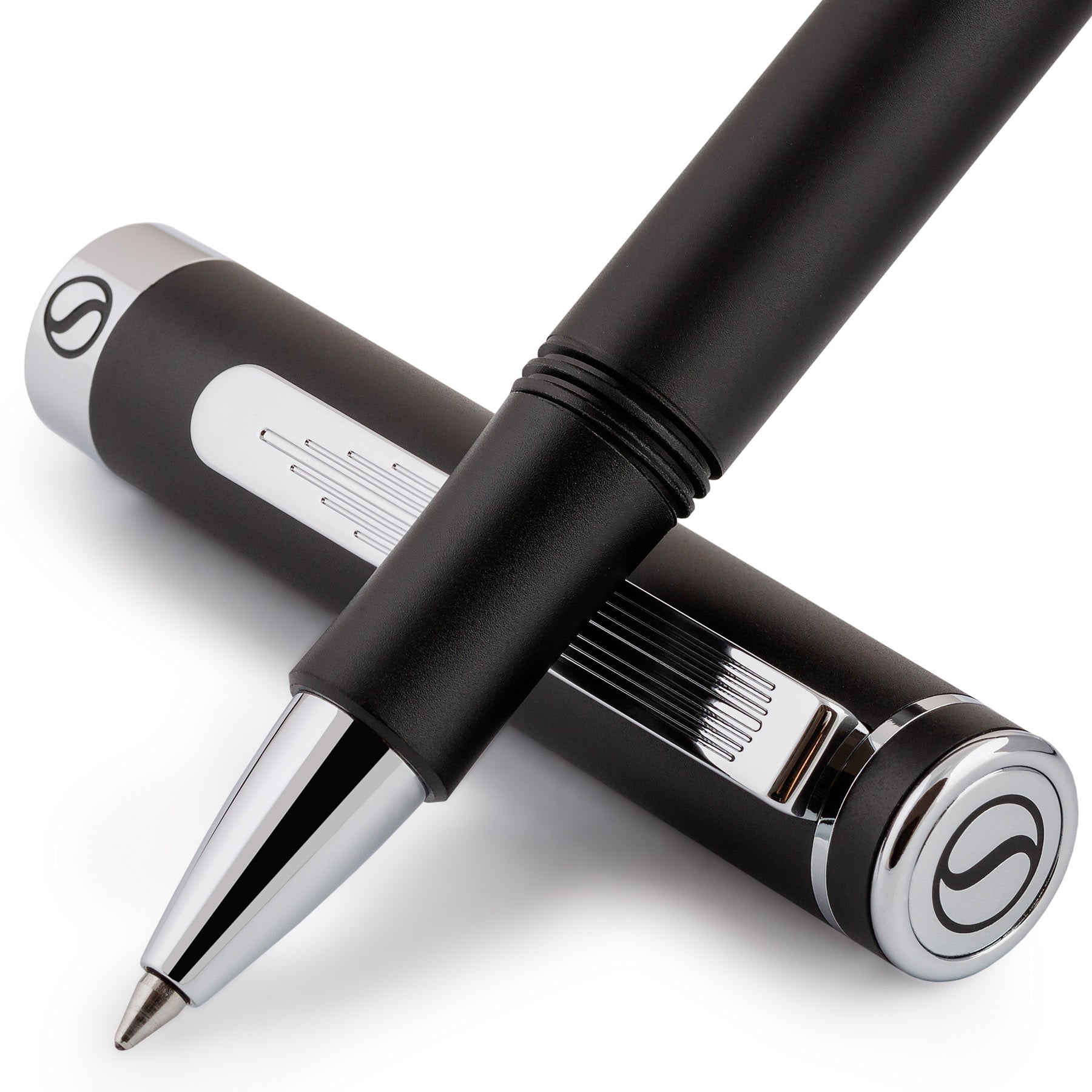 Stylo roller de luxe Scriveiner EDC noir, superbe stylo de poche avec finition chromée