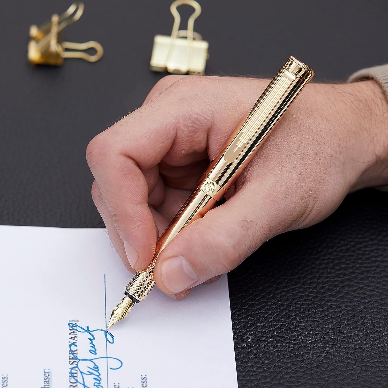 Scriveiner Gold Luxury Fountain Pen (Medium) - Award Winning - Heavy Pocket Pen, 22K Gold