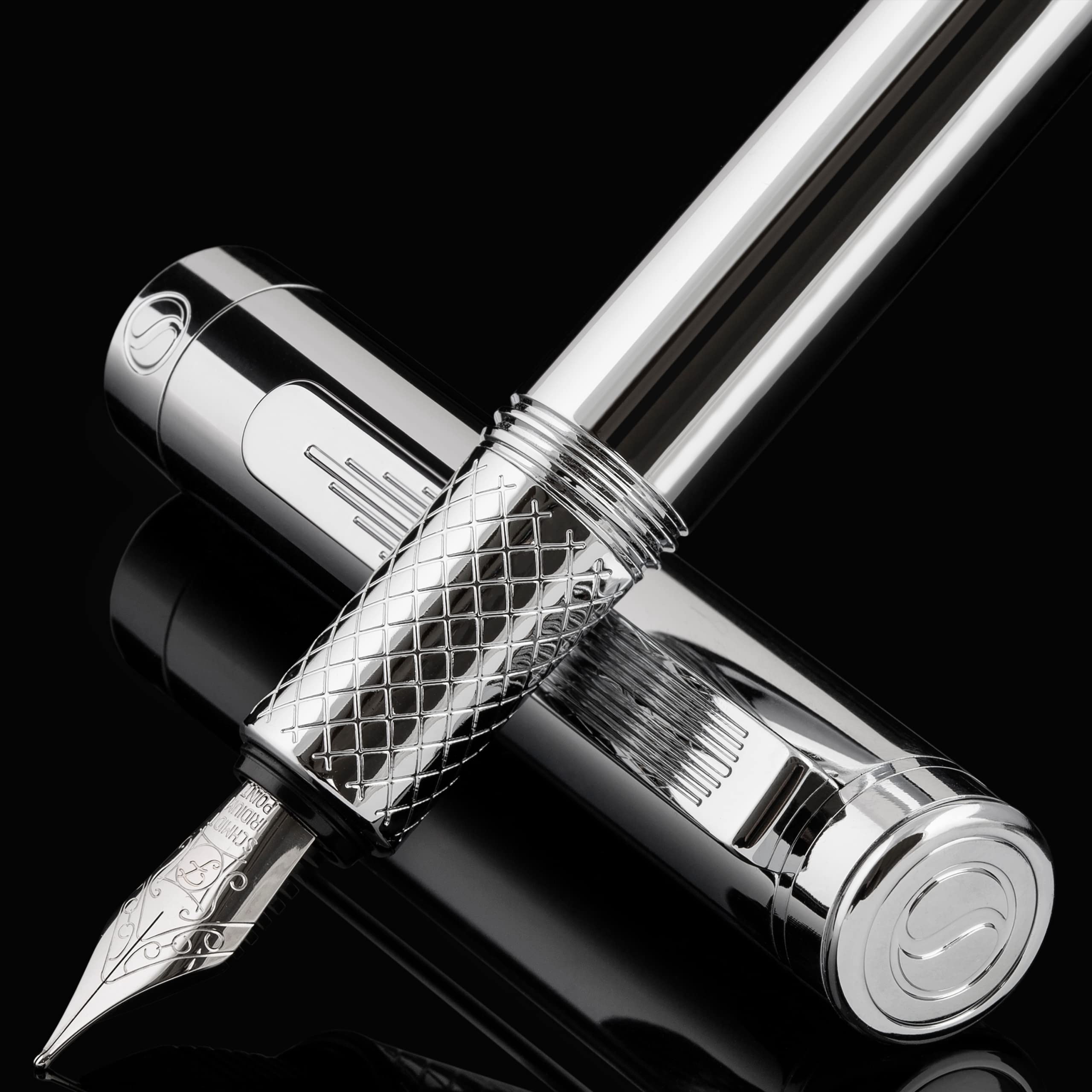 Scriveiner Silver Chrome Fountain Pen (Fine), Award Winning Luxury Pen, Heavy Pocket Pen, Chrome Finish