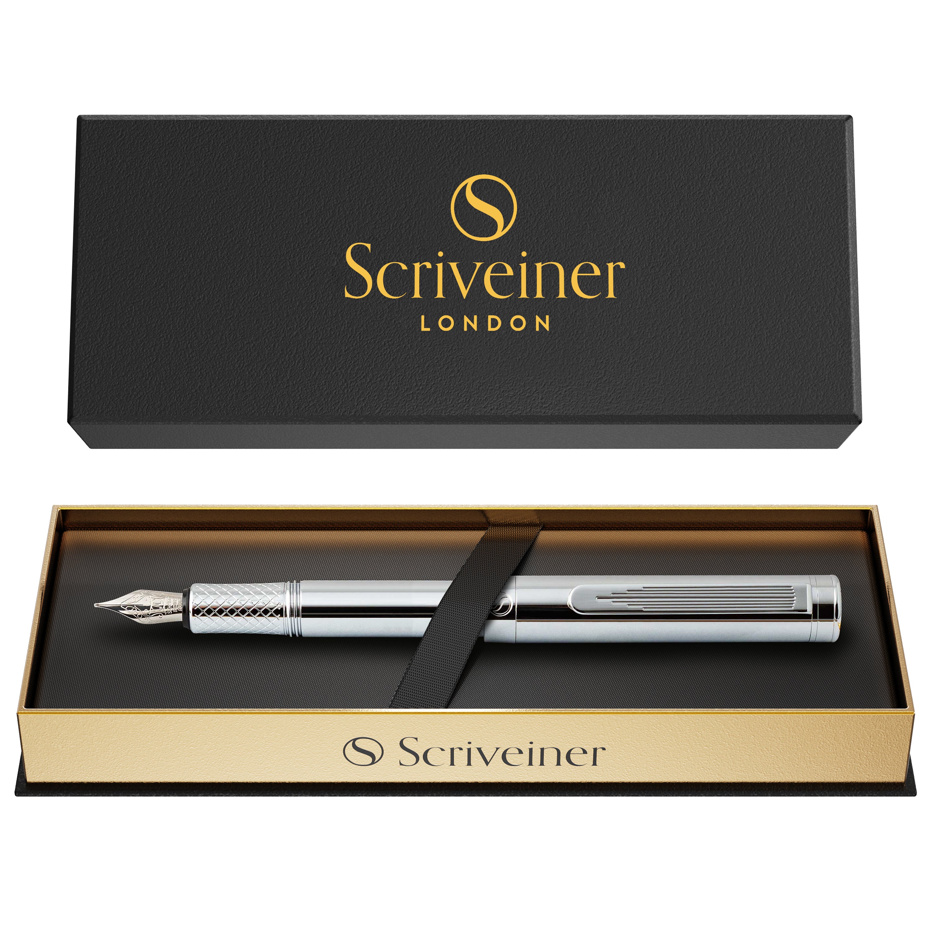 Scriveiner Silver Chrome Fountain Pen (Fine), Award Winning Luxury Pen, Heavy Pocket Pen, Chrome Finish