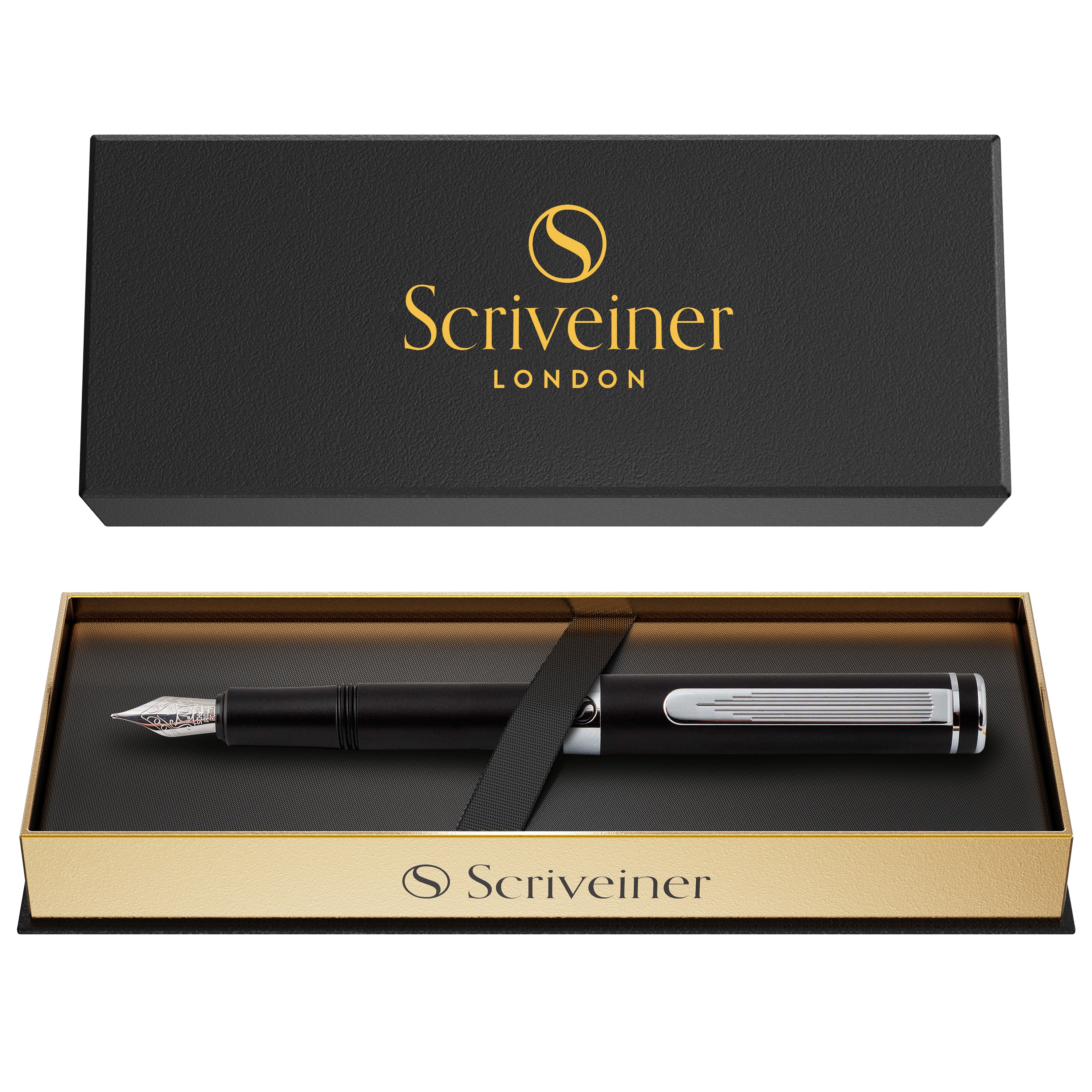 Scriveiner Luxury EDC Fountain Pen (Medium), Stunning Matt Black Pocket Pen, Chrome Finish