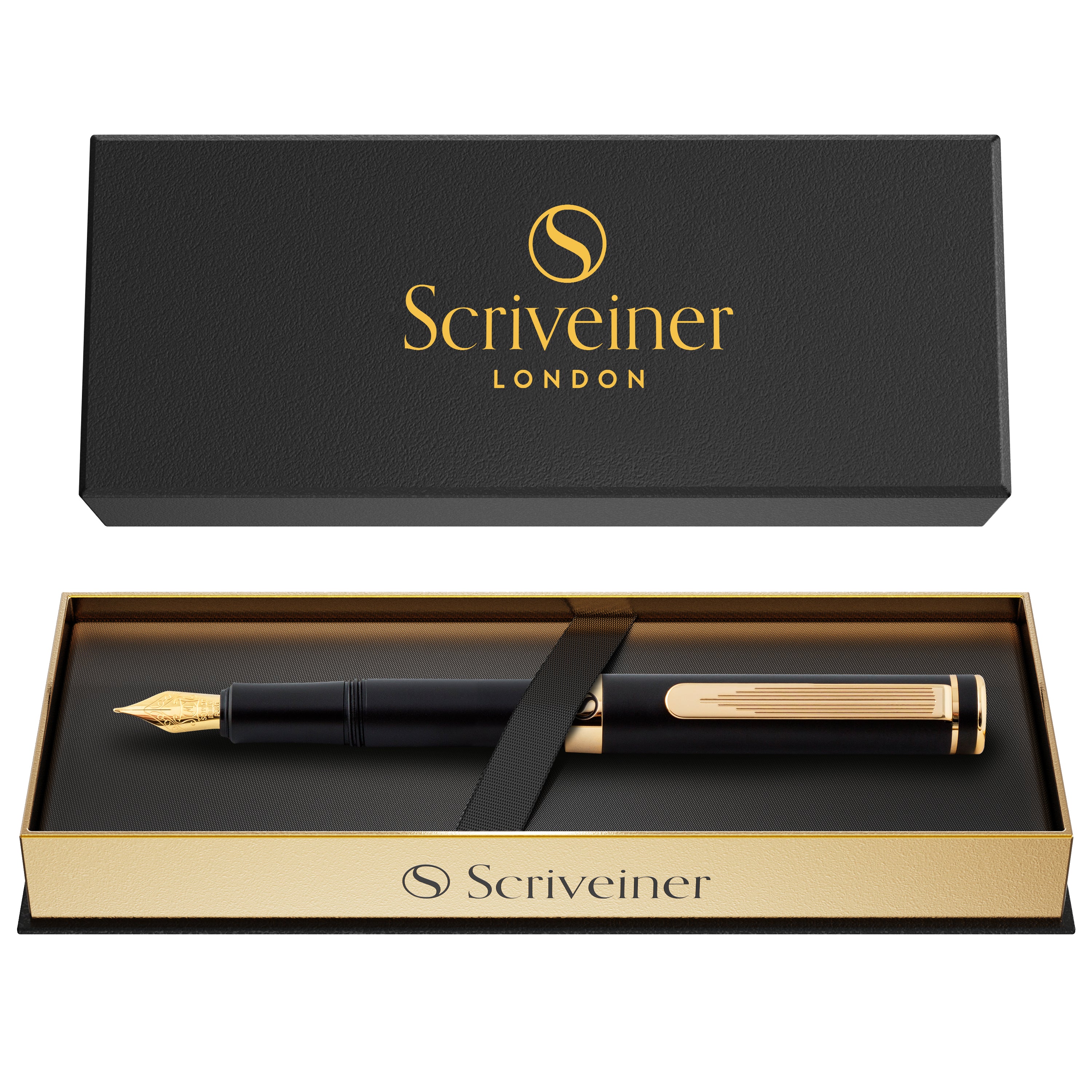 Scriveiner Luxury EDC Fountain Pen (Fine), Stunning Black Pocket Pen, 24K Gold Finish