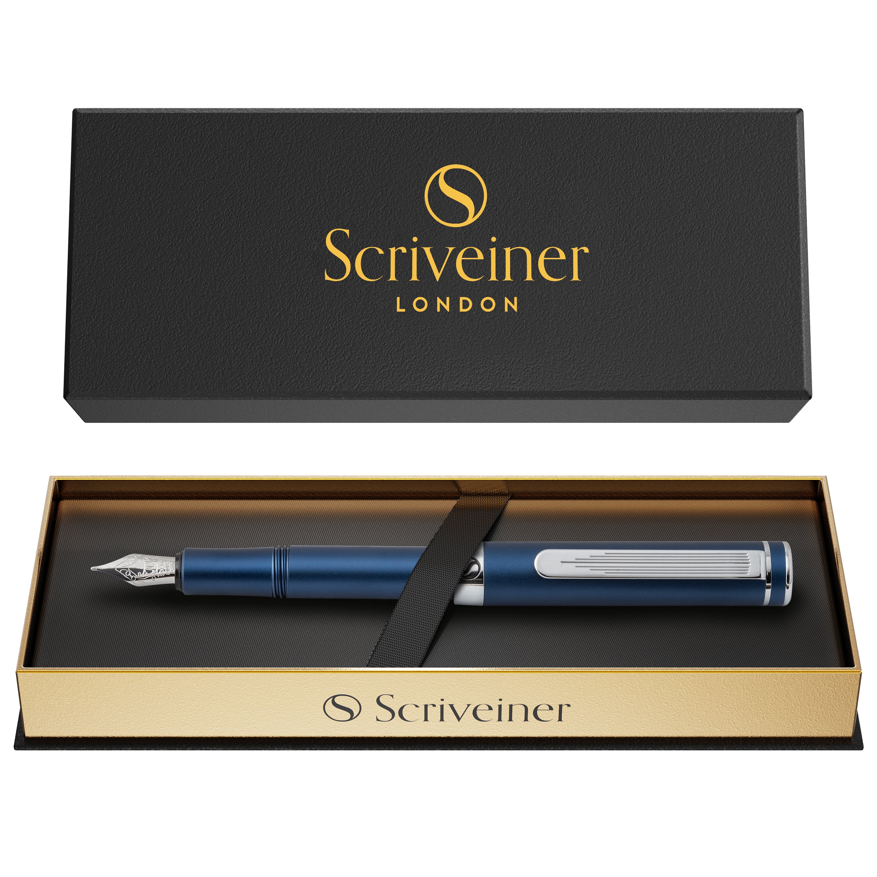 Scriveiner Luxury EDC Fountain Pen (Fine), Stunning Matt Blue Pocket Pen, Chrome Finish