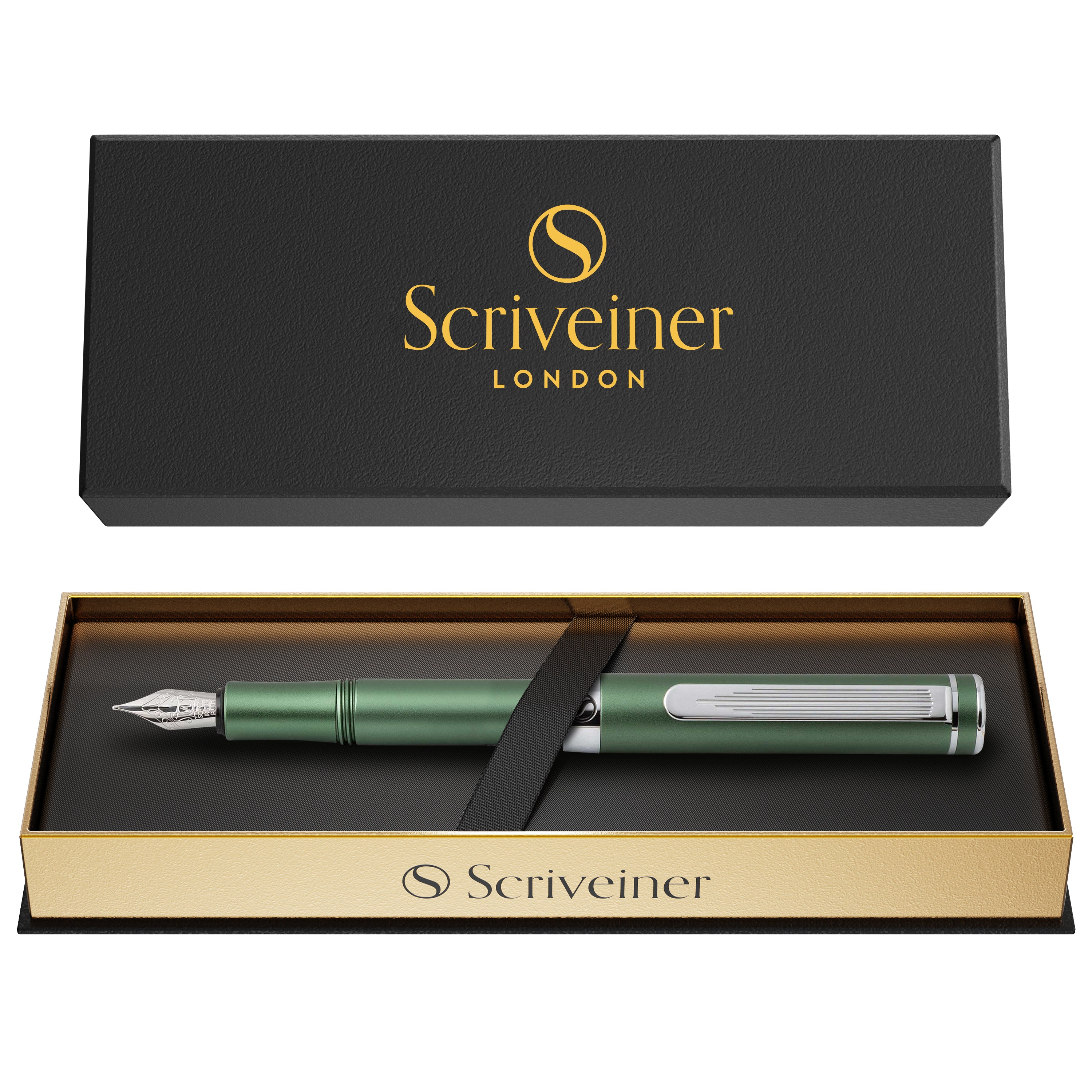 Scriveiner Luxury EDC Fountain Pen (Medium), Stunning Matt Green Pocket Pen, Chrome Finish