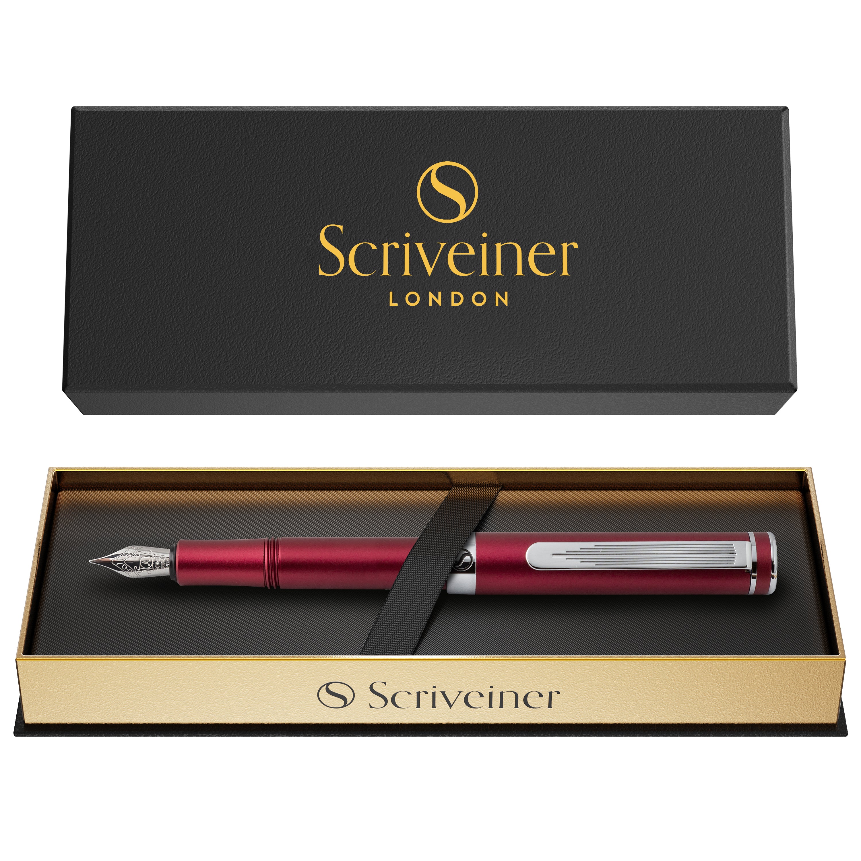 Scriveiner Luxury EDC Fountain Pen (Fine), Stunning Matt Red Pocket Pen, Chrome Finish