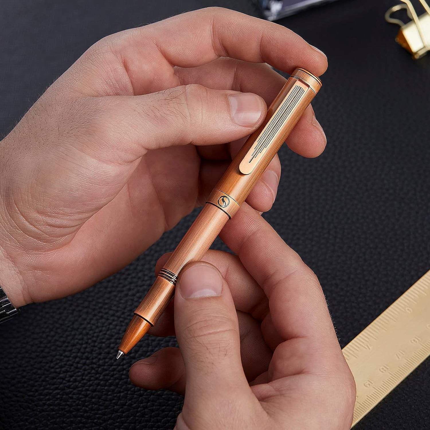 Scriveiner EDC Luxury Rollerball Pen, Stunning Heavy Pocket Pen, Hand Brushed Copper Finish