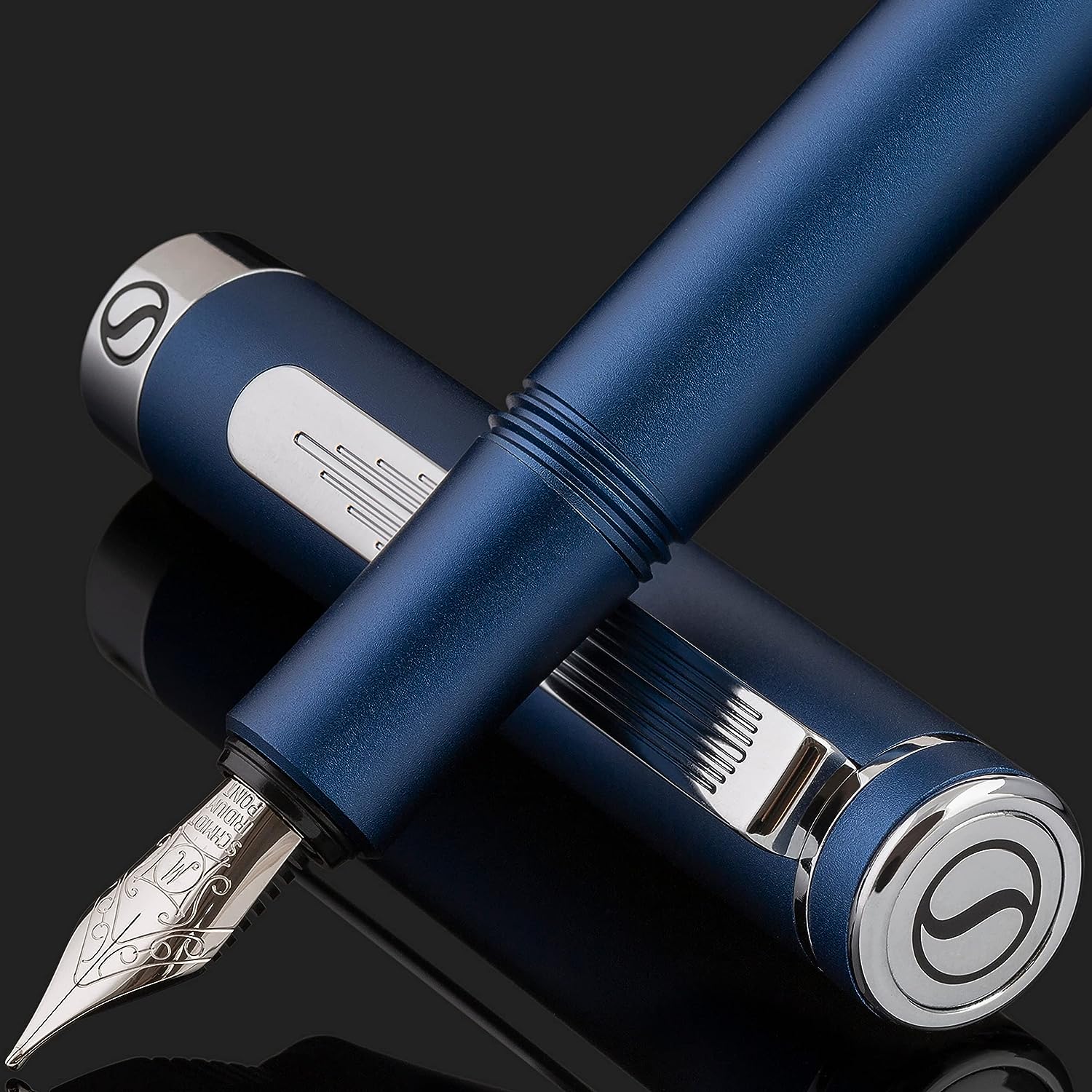 Scriveiner Luxury EDC Fountain Pen (Medium), Stunning Matt Blue Pocket Pen, Chrome Finish