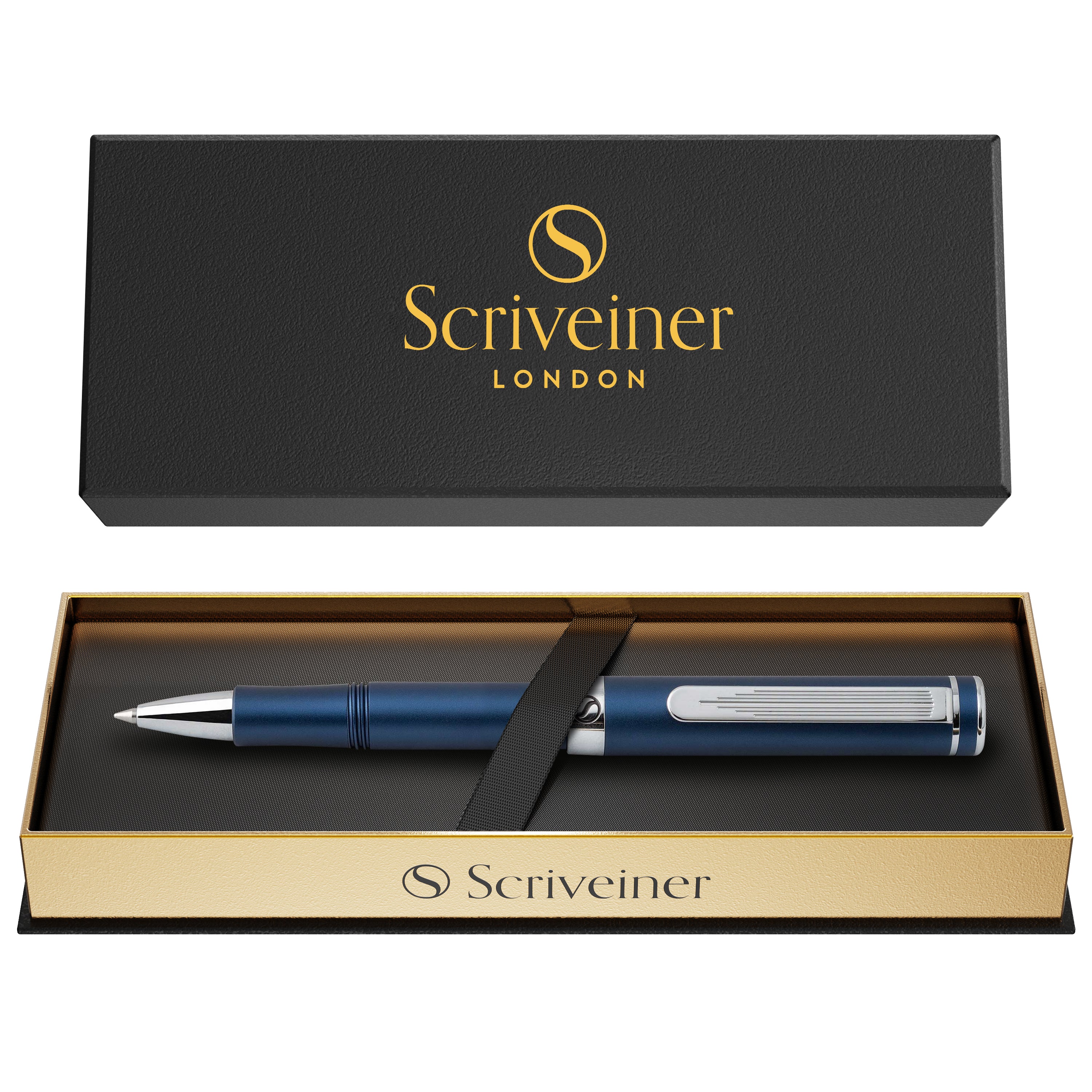 Scriveiner EDC Blue Rollerball Luxury Pen, Stunning Pocket Pen with Chrome Finish