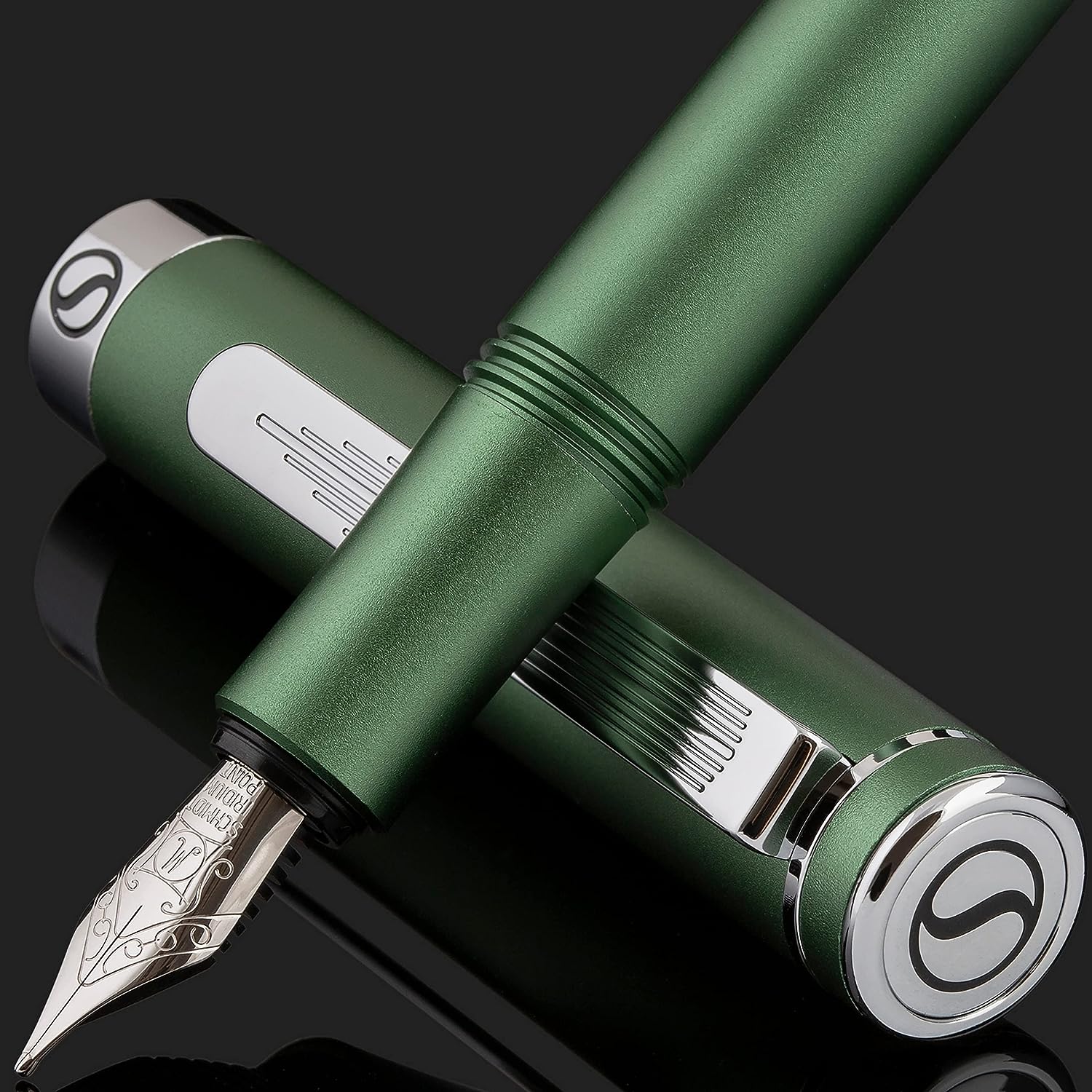 Scriveiner Luxury EDC Fountain Pen (Medium), Stunning Matt Green Pocket Pen, Chrome Finish