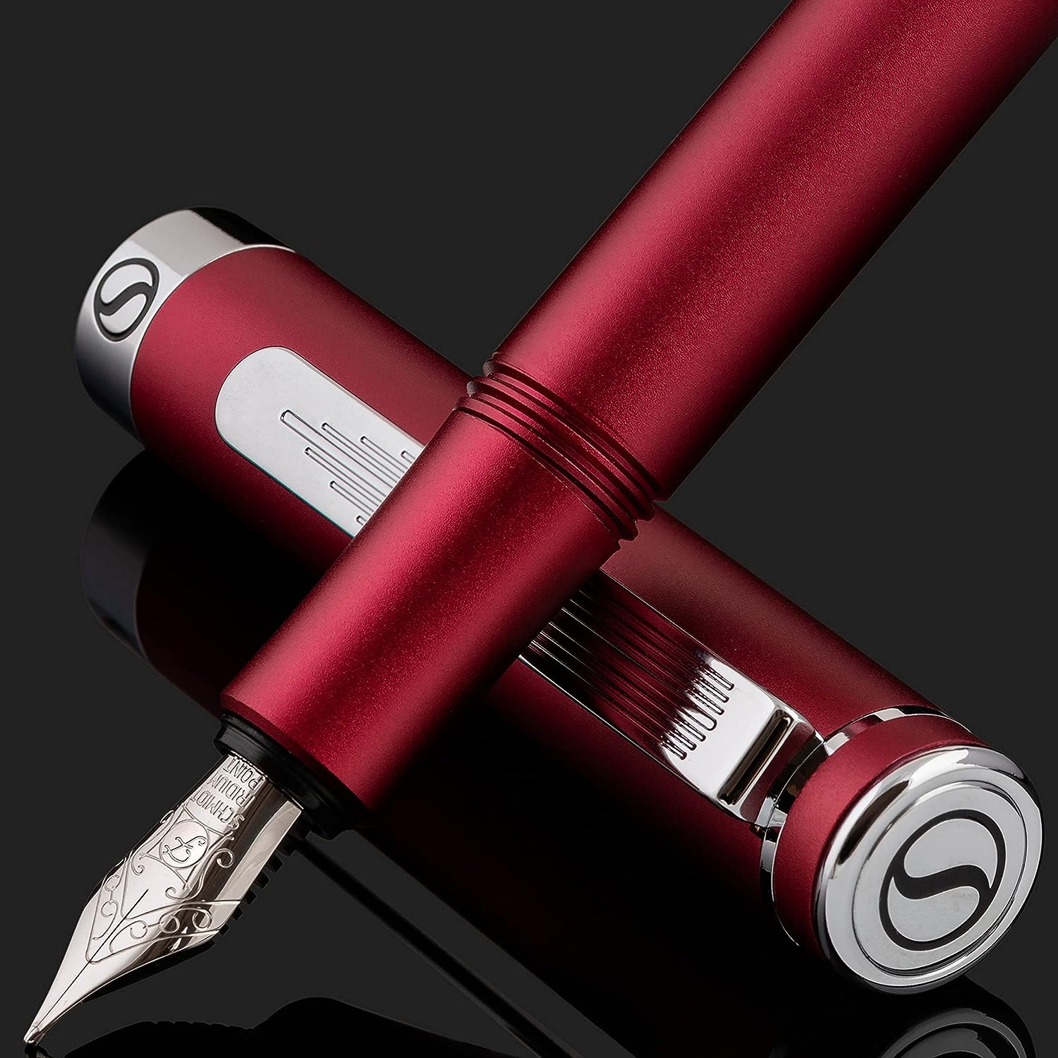 Scriveiner Luxury EDC Fountain Pen (Fine), Stunning Matt Red Pocket Pen, Chrome Finish