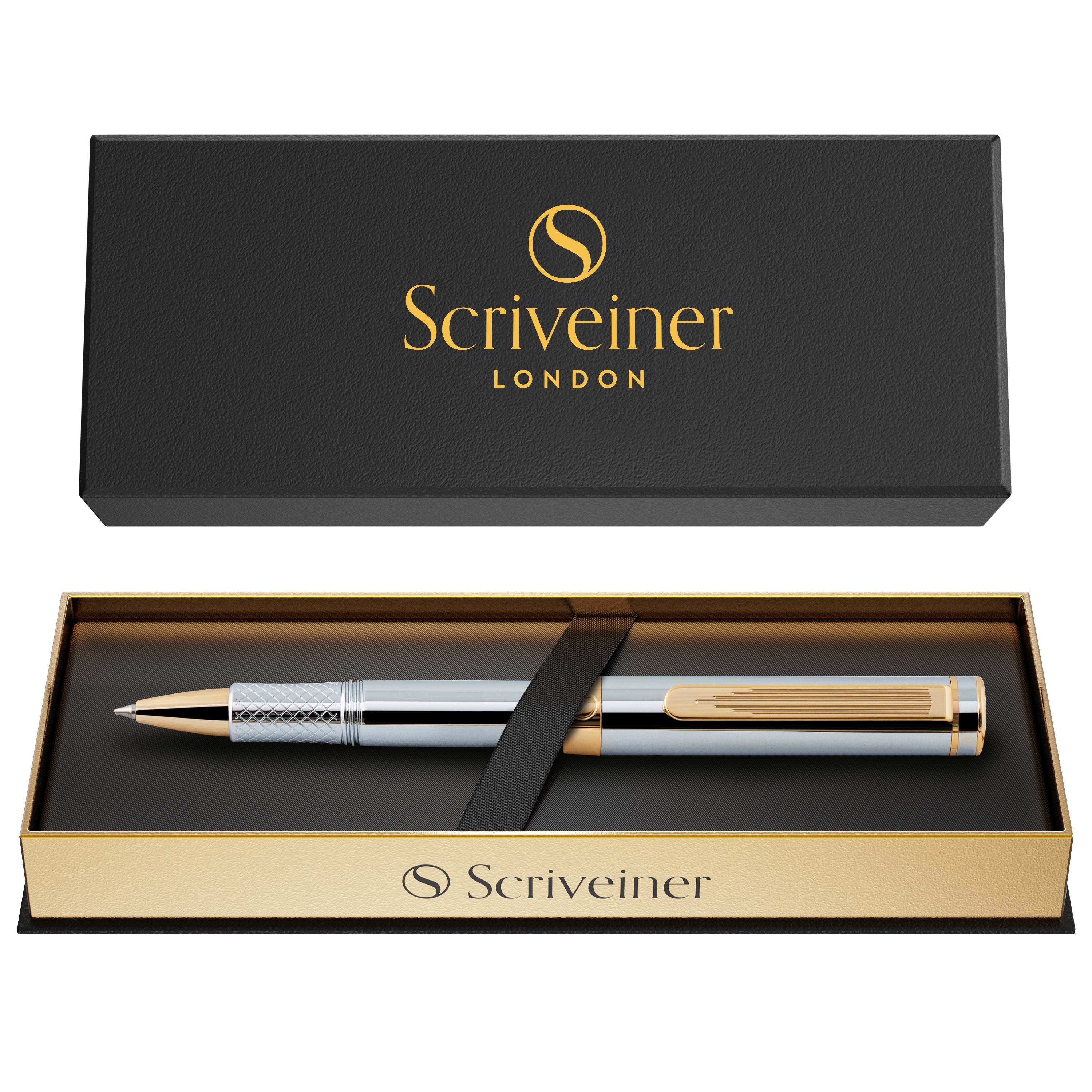 Scriveiner EDC Silver Chrome Rollerball, Award Winning Luxury Pen, Heavy Pocket Pen, 24K Gold Finish