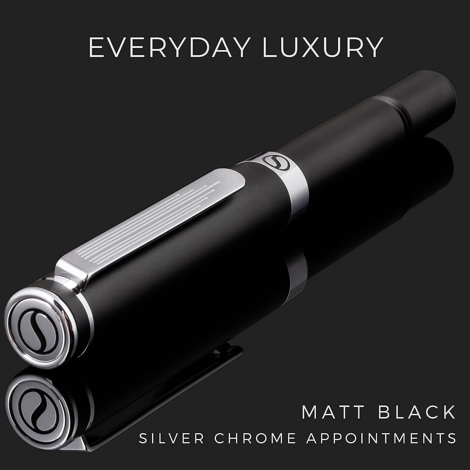 Scriveiner Luxury EDC Fountain Pen (Fine), Stunning Matt Black Pocket Pen, Chrome Finish