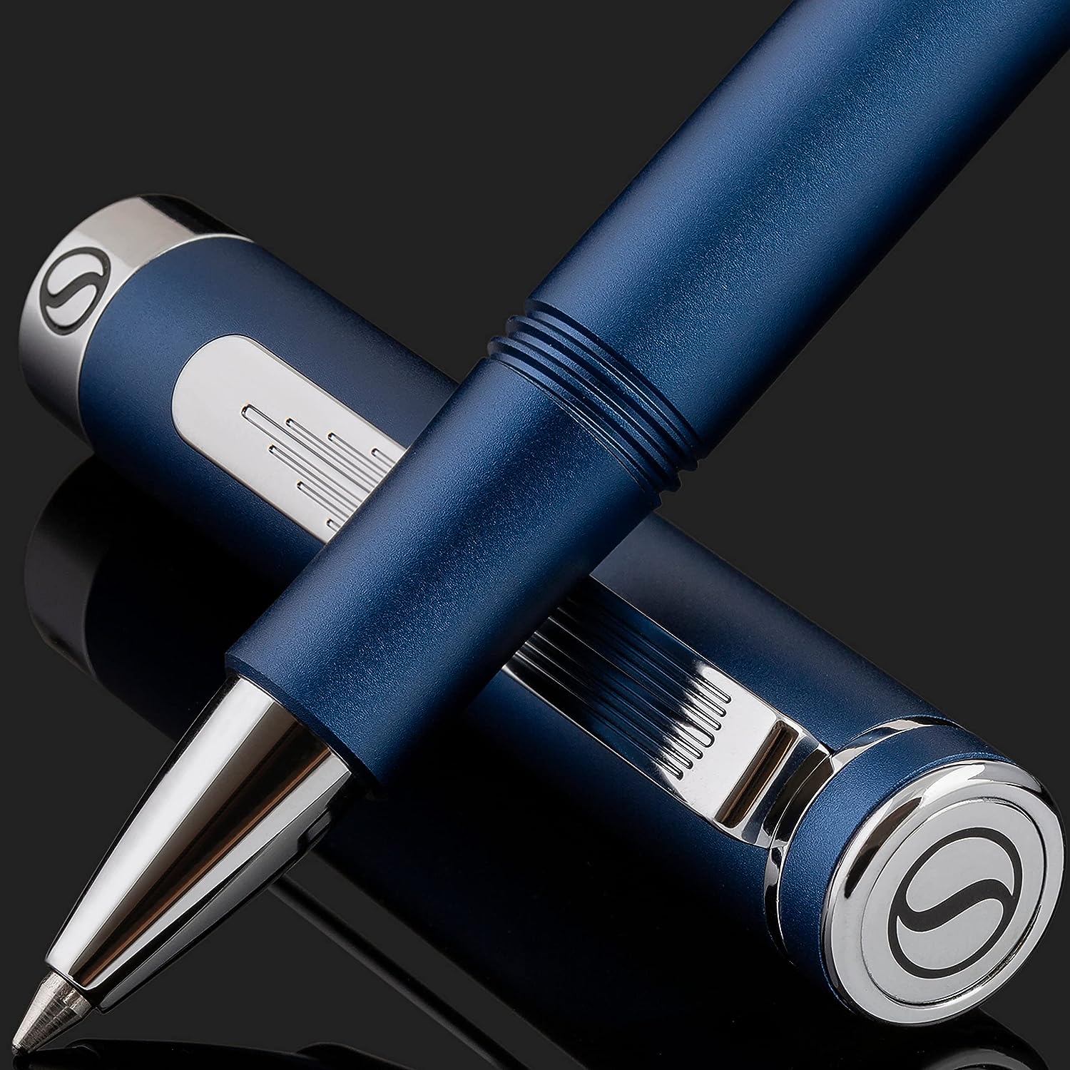 Scriveiner EDC Blue Rollerball Luxury Pen, Stunning Pocket Pen with Chrome Finish