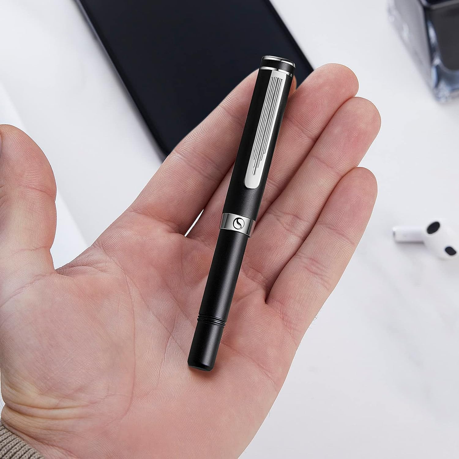 Scriveiner Luxury EDC Fountain Pen (Medium), Stunning Matt Black Pocket Pen, Chrome Finish