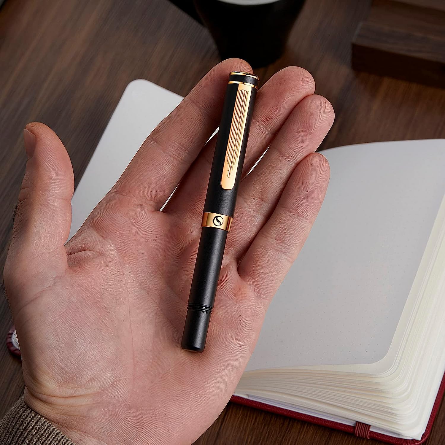 Scriveiner Luxury EDC Fountain Pen (Fine), Stunning Black Pocket Pen, 24K Gold Finish
