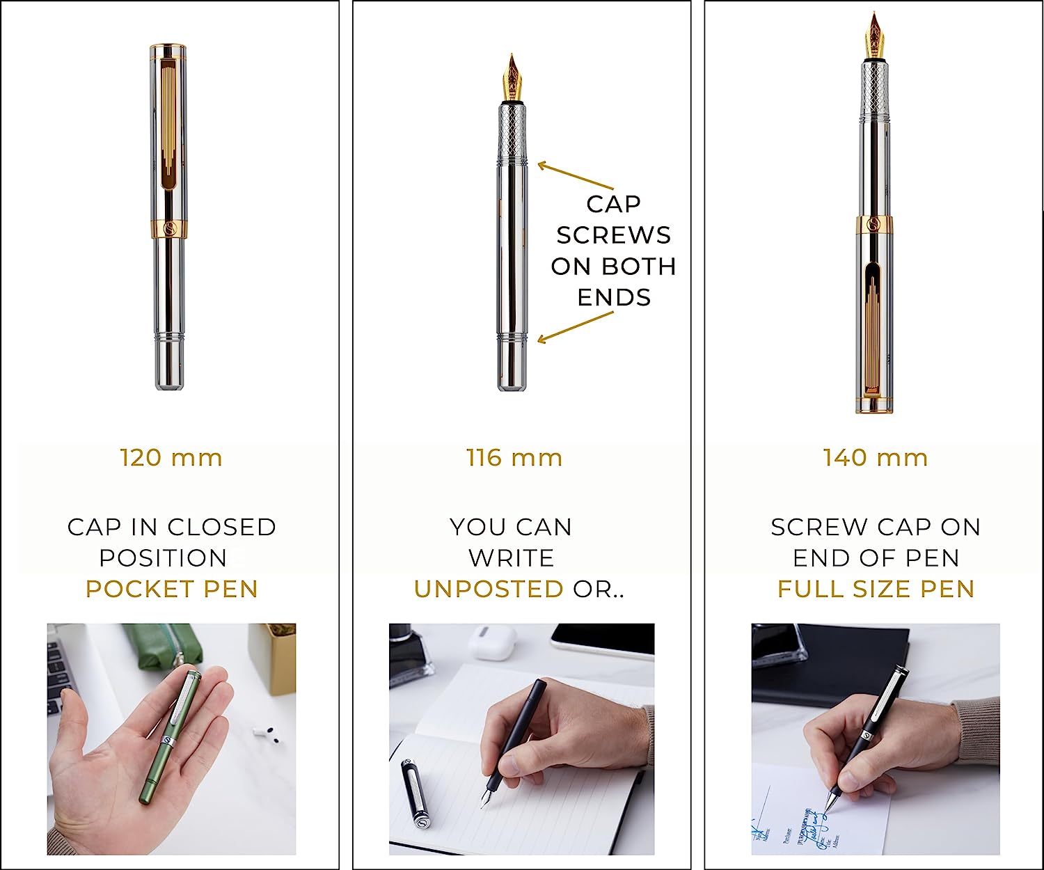 Scriveiner Silver Chrome Fountain Pen (Fine), Award Winning Luxury Pen, Heavy Pocket Pen with 24K Gold Finish