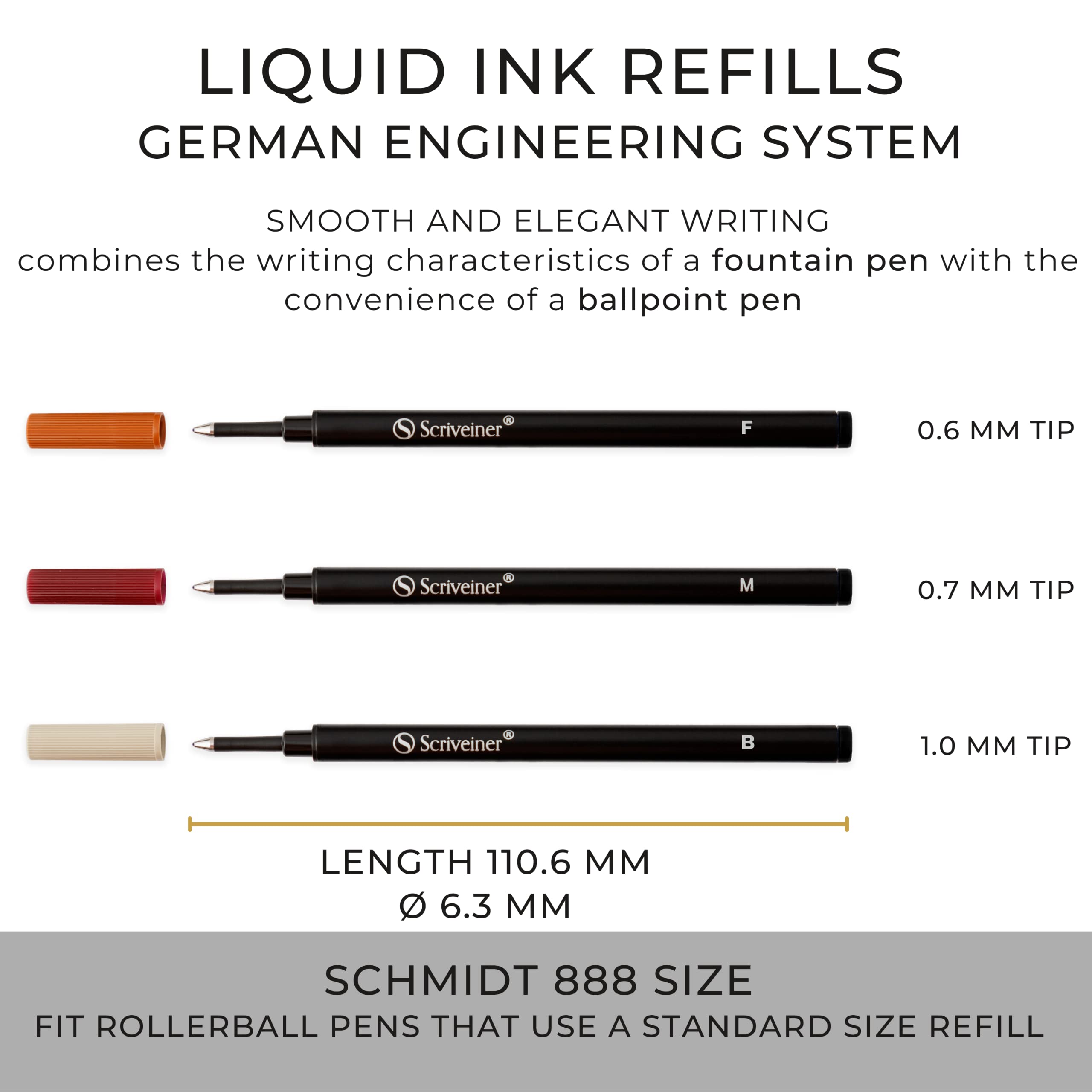 Scriveiner Rollerball Refill Black Medium - 4 Rollerball Refills Designed Pens