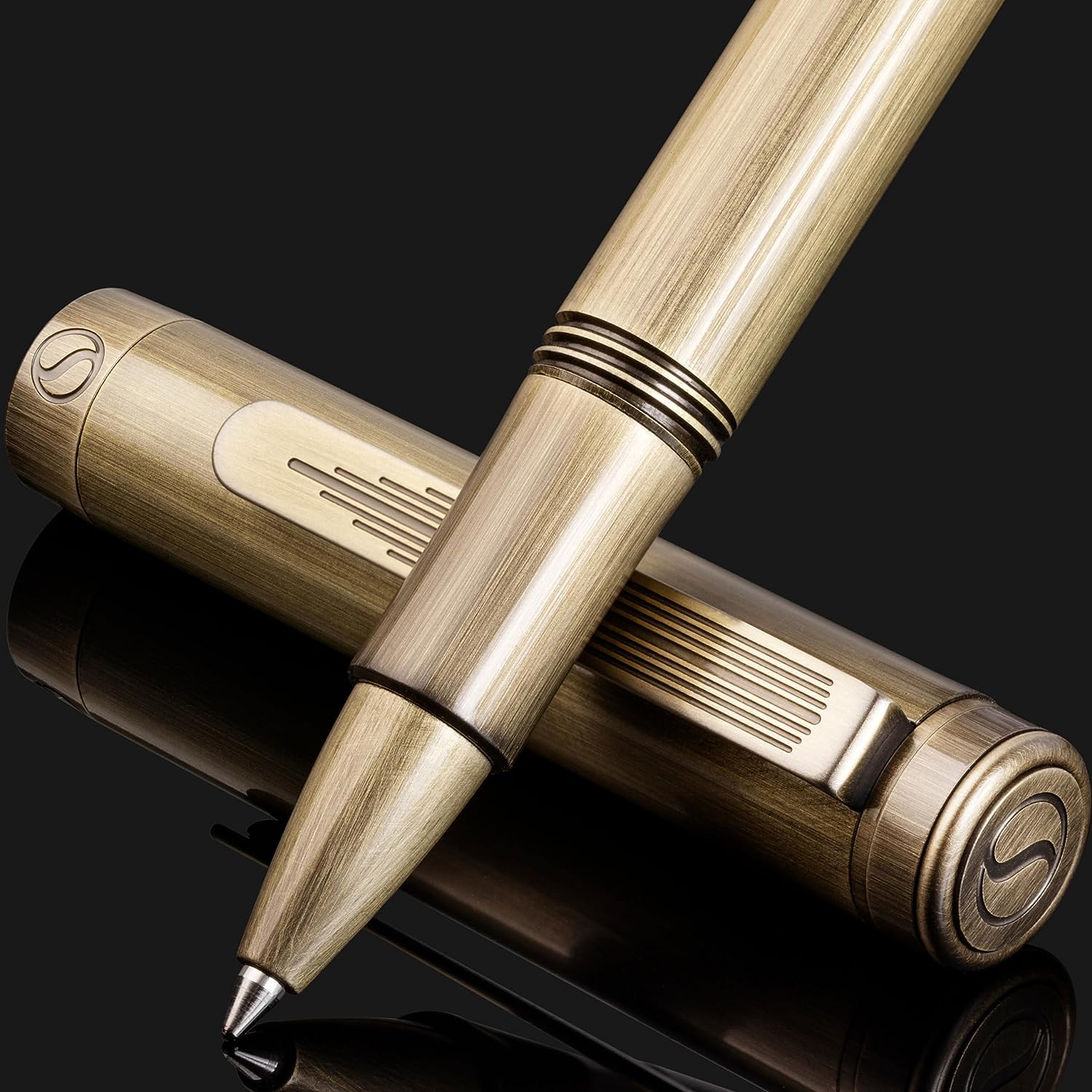 Scriveiner EDC Brass Luxury Rollerball Pen, Stunning Heavy Pocket Pen, Hand Brushed Bronze Finish