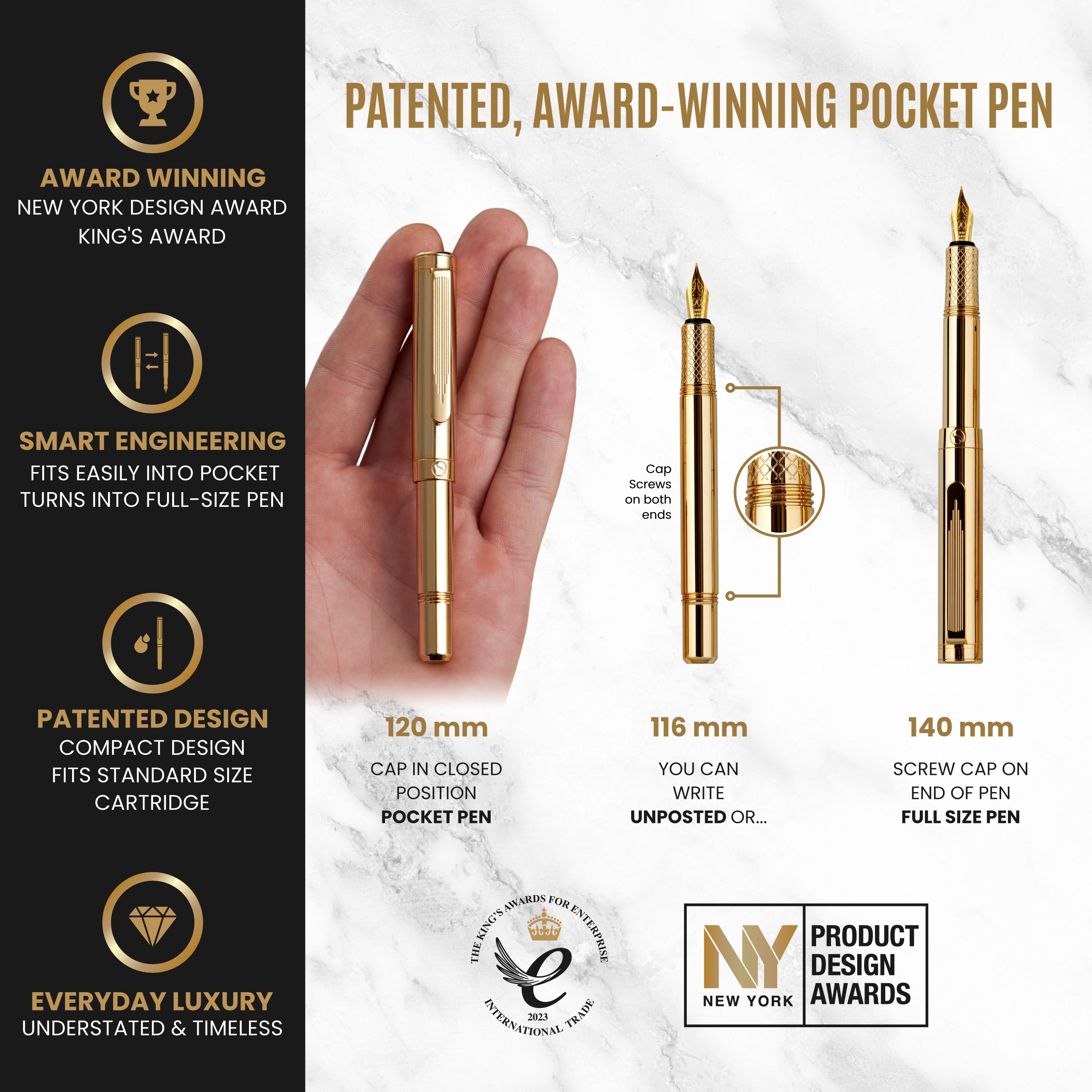 Scriveiner Gold Luxury Fountain Pen (Medium) - Award Winning - Heavy Pocket Pen, 22K Gold