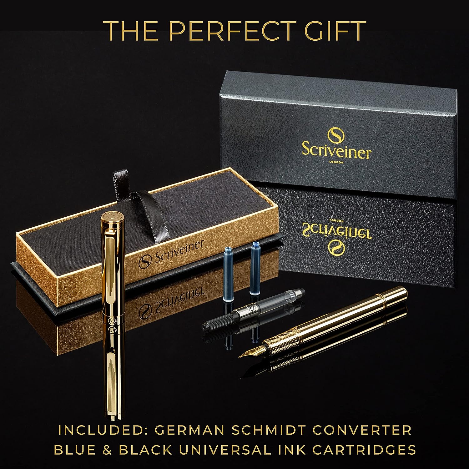 Scriveiner Gold Luxury Fountain Pen (Fine) - Award Winning - Heavy Pocket Pen, 22K Gold
