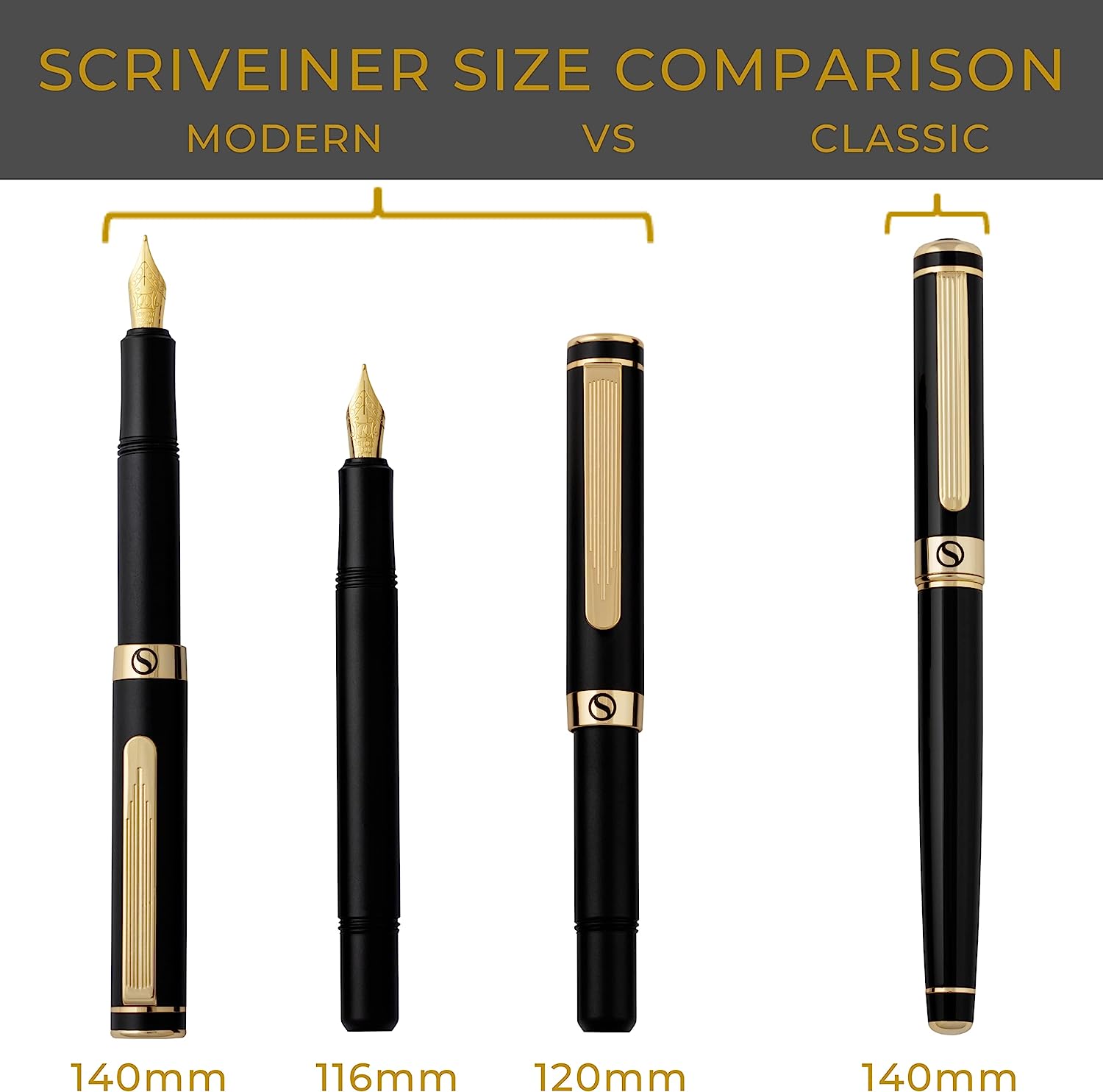 Scriveiner Luxury EDC Fountain Pen (Medium), Stunning Black Pocket Pen, 24K Gold Finish