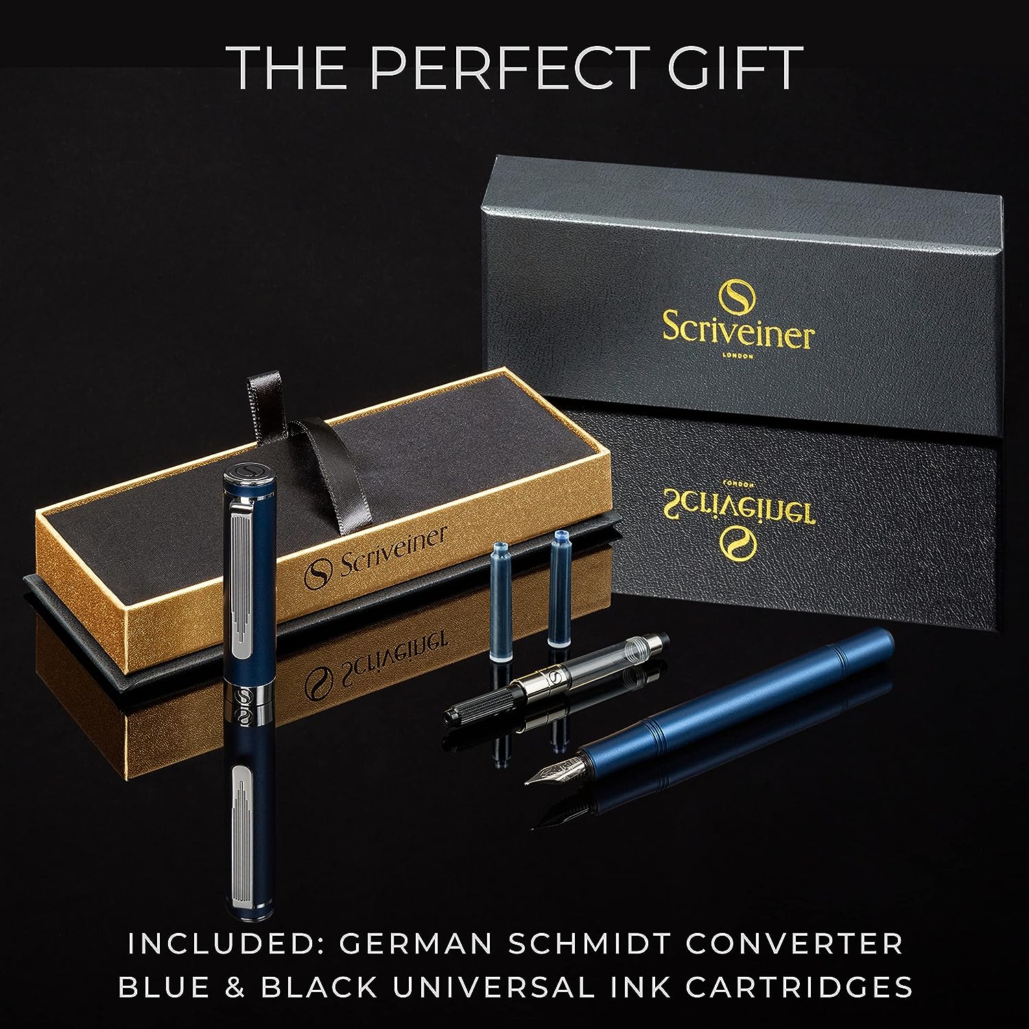 Scriveiner Luxury EDC Fountain Pen (Fine), Stunning Matt Blue Pocket Pen, Chrome Finish