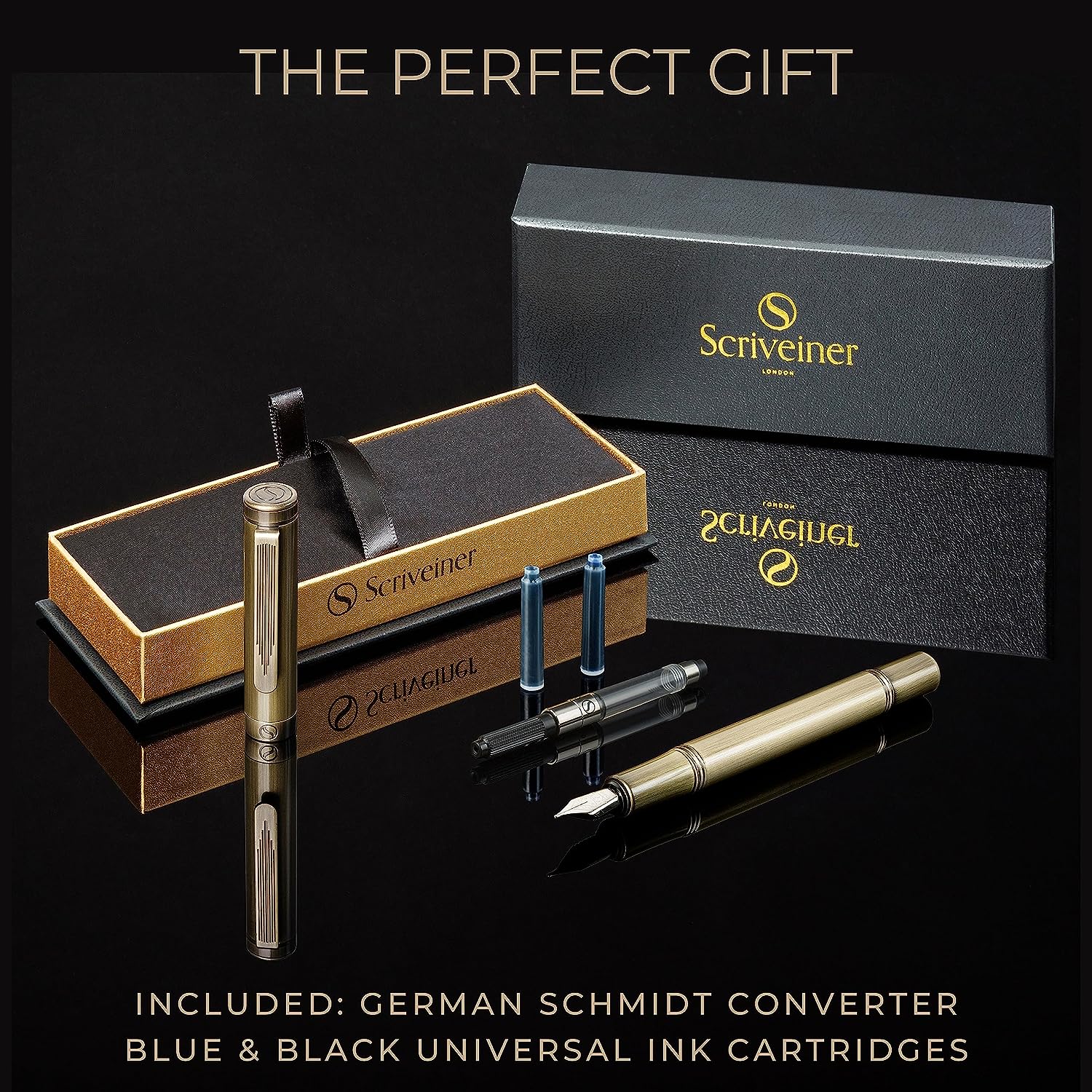 Scriveiner Luxury EDC Fountain Pen (Fine), Stunning Heavy Bronze Pocket Pen, Hand Brushed Finish
