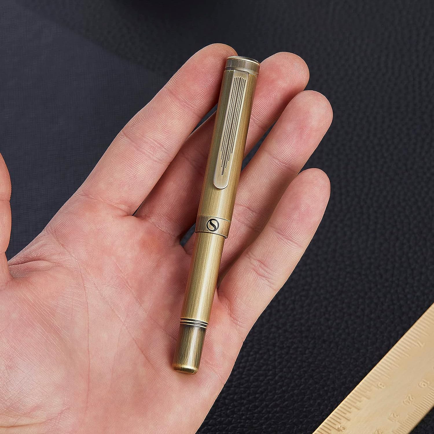 Scriveiner EDC Brass Luxury Rollerball Pen, Stunning Heavy Pocket Pen, Hand Brushed Bronze Finish