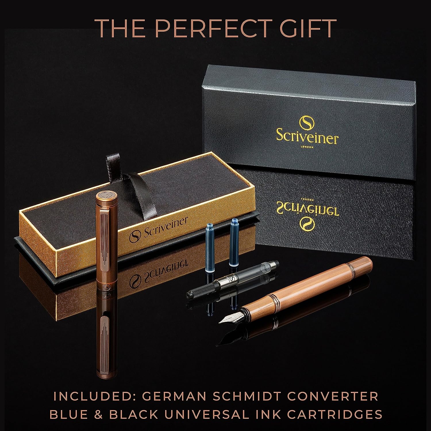 Scriveiner Luxury EDC Fountain Pen (Fine), Stunning Heavy Brass Pocket Pen,  Hand Brushed Copper Finish