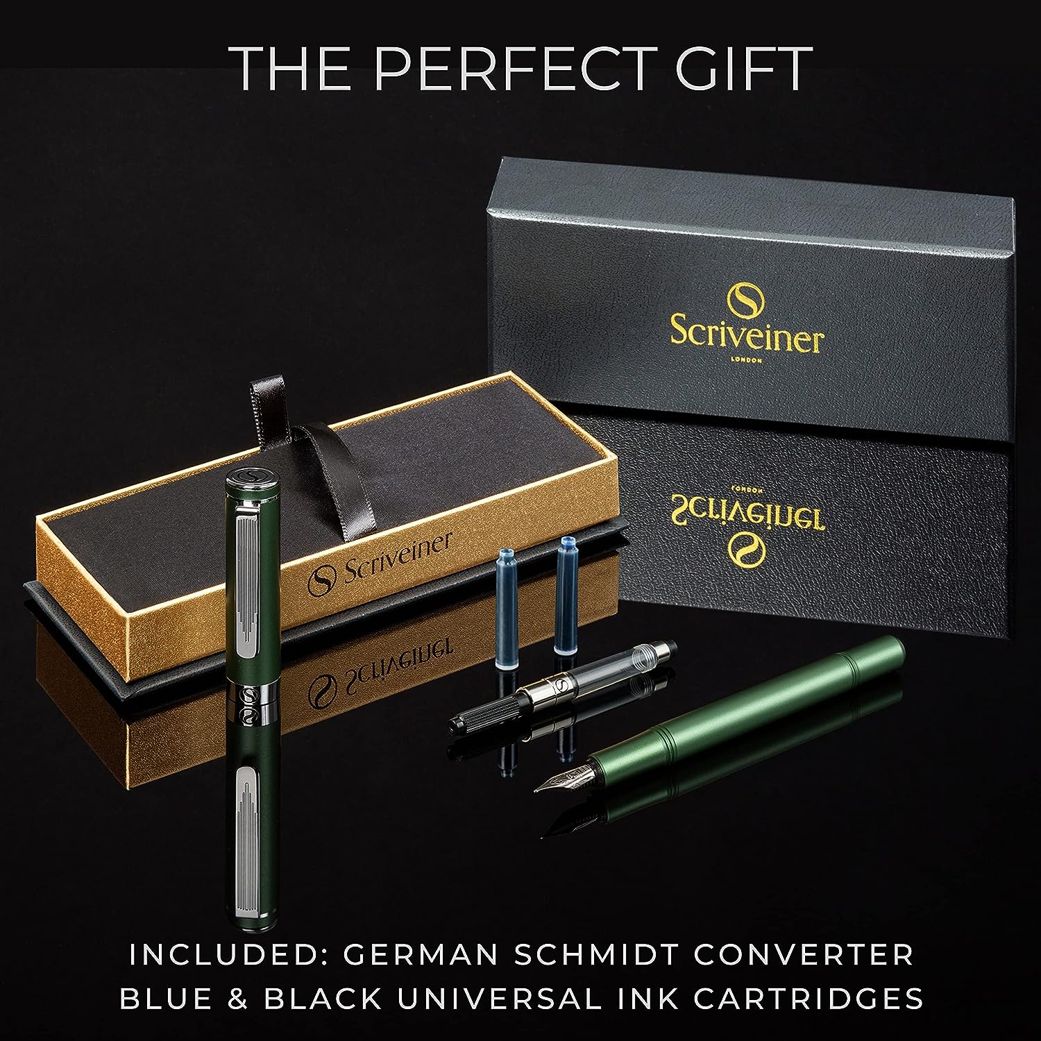 Scriveiner Luxury EDC Fountain Pen (Fine), Stunning Matt Green Pocket Pen, Chrome Finish