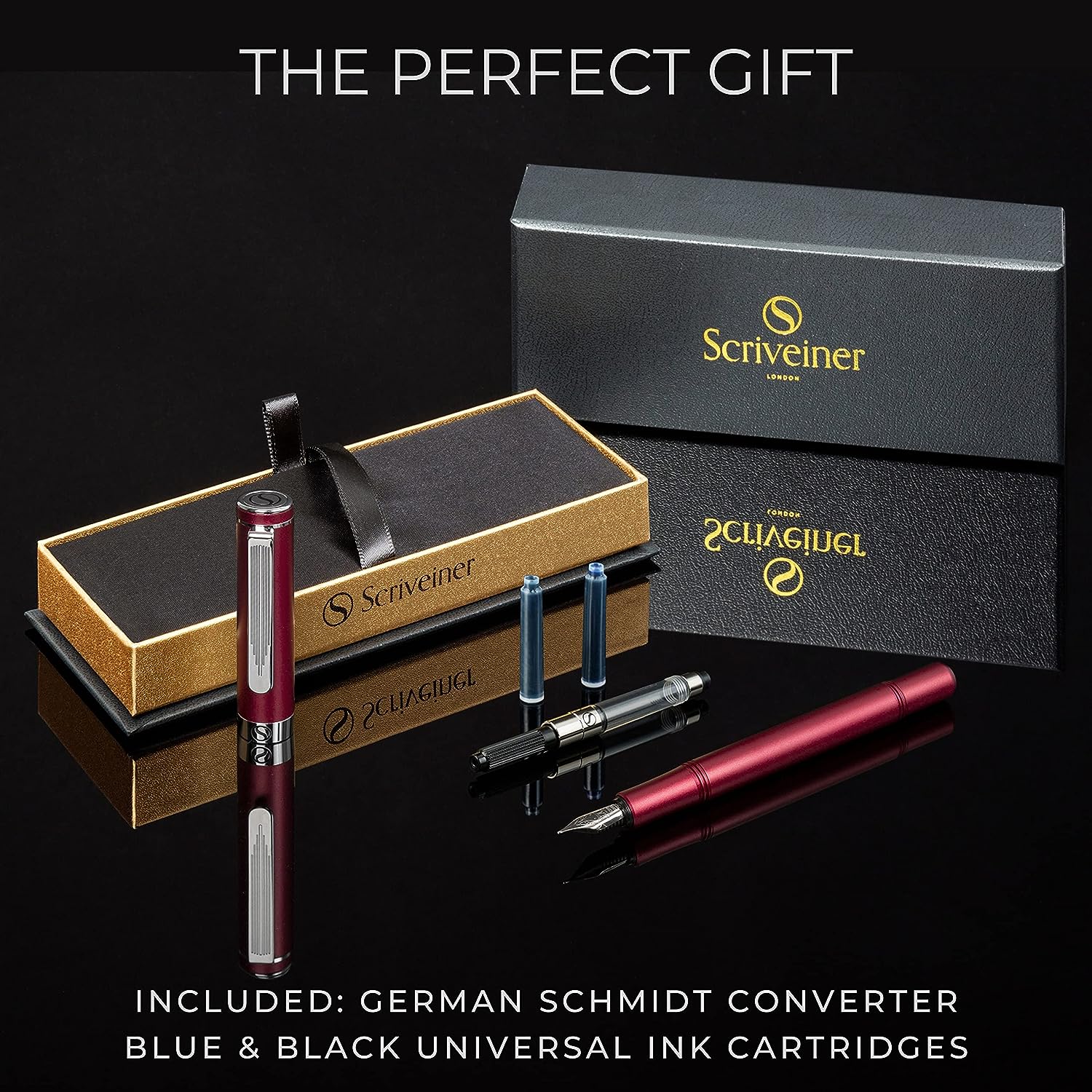Scriveiner Luxury EDC Fountain Pen (Medium), Stunning Matt Red Pocket Pen, Chrome Finish