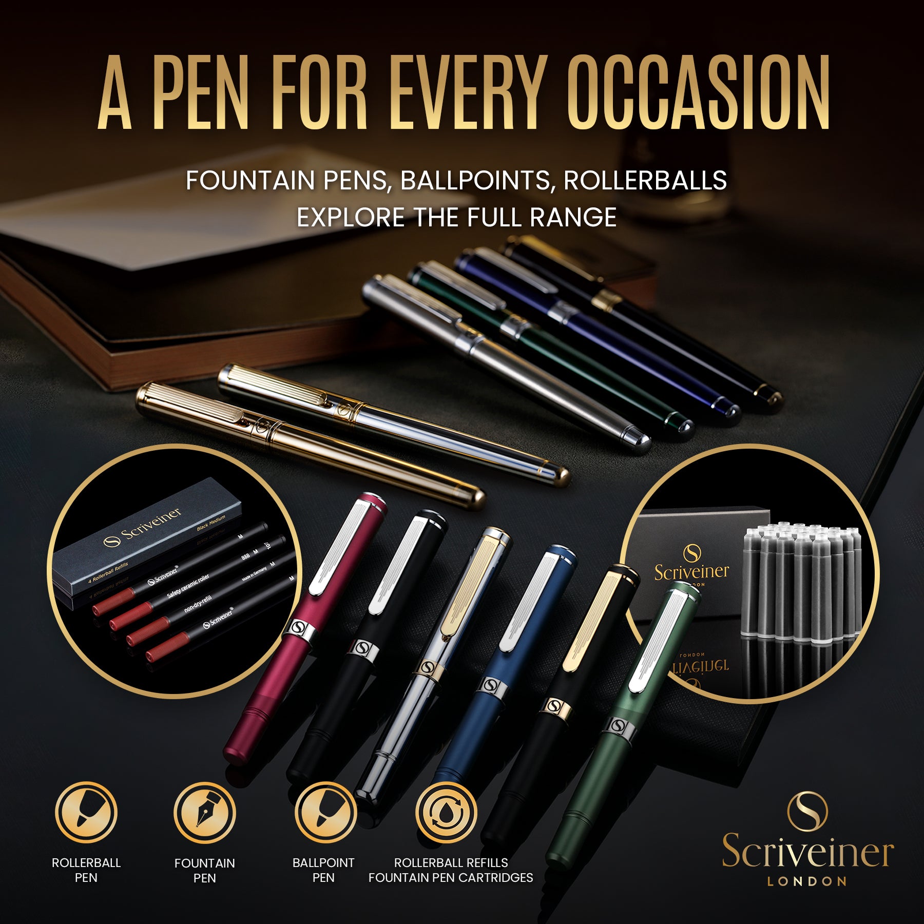 Scriveiner最高級 プレミアム 万年筆 (シルバー) 魅力的な美しさ 24K金