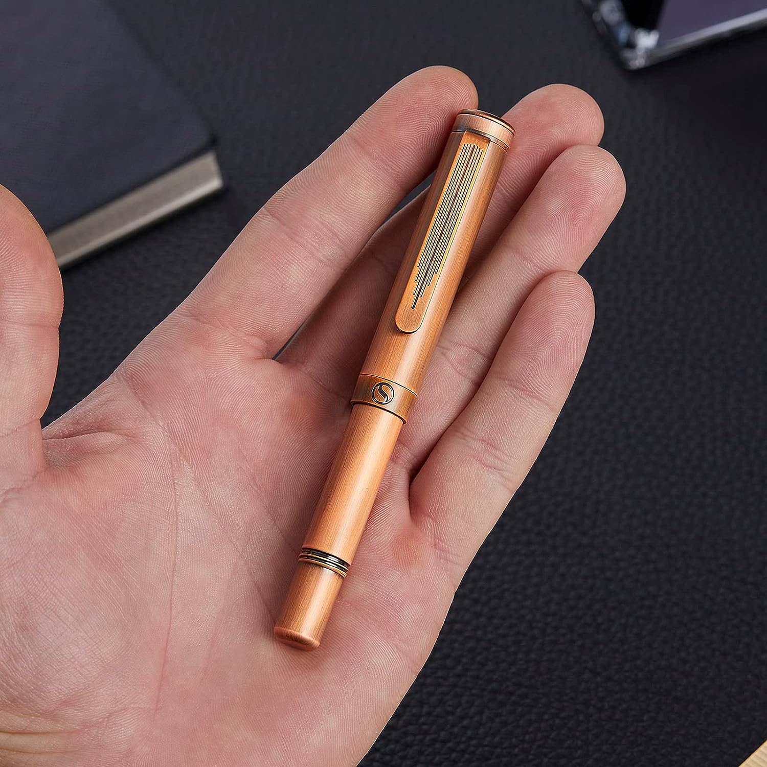 Scriveiner Luxury EDC Fountain Pen (Medium), Stunning Heavy Brass Pocket Pen, Hand Brushed Copper Finish