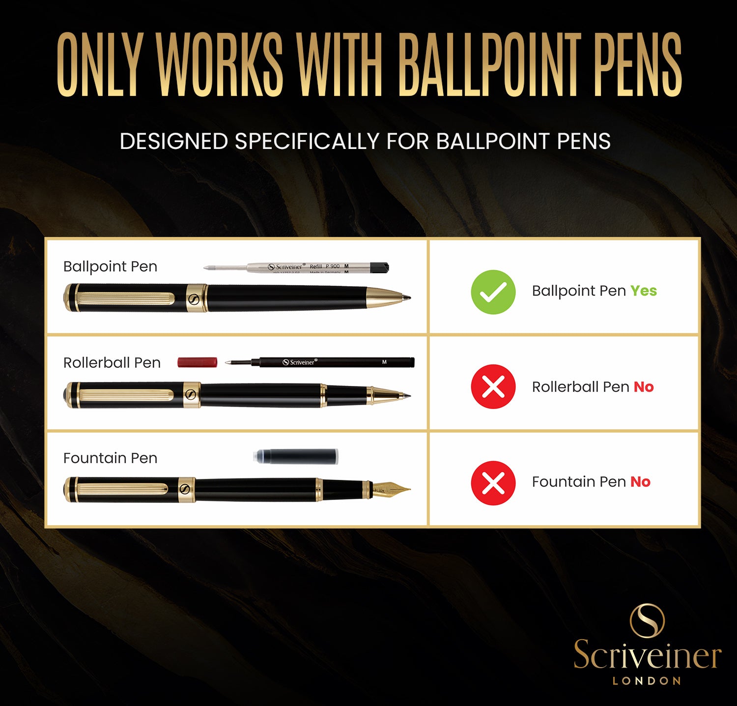 Scriveiner Ballpoint Refill Black Medium - 4 Ballpoint Refills Designed Pens - Stainless Steel Tip with Tungsten-Carbide Ball Refill M - Made in Germany