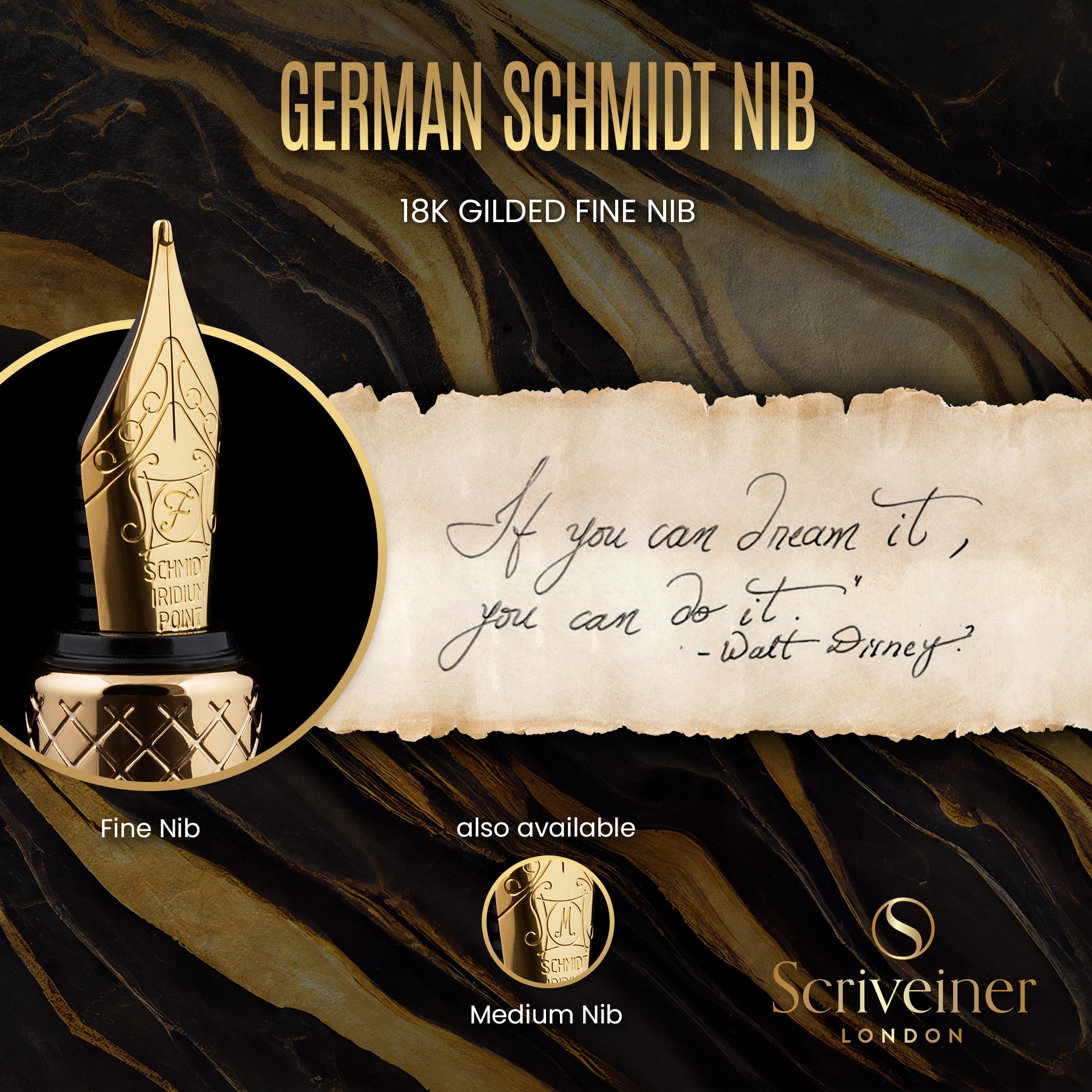 Scriveiner Gold Luxury Fountain Pen (Fine) - Award Winning - Heavy Pocket Pen, 22K Gold
