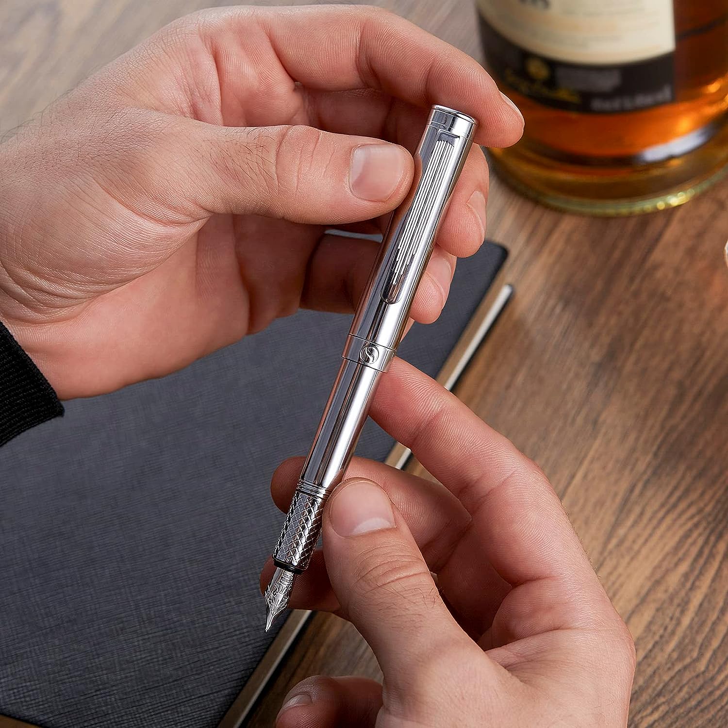 Scriveiner Silver Chrome Fountain Pen (Fine), Award Winning Luxury Pen, Heavy Pocket Pen, Chrome Finish