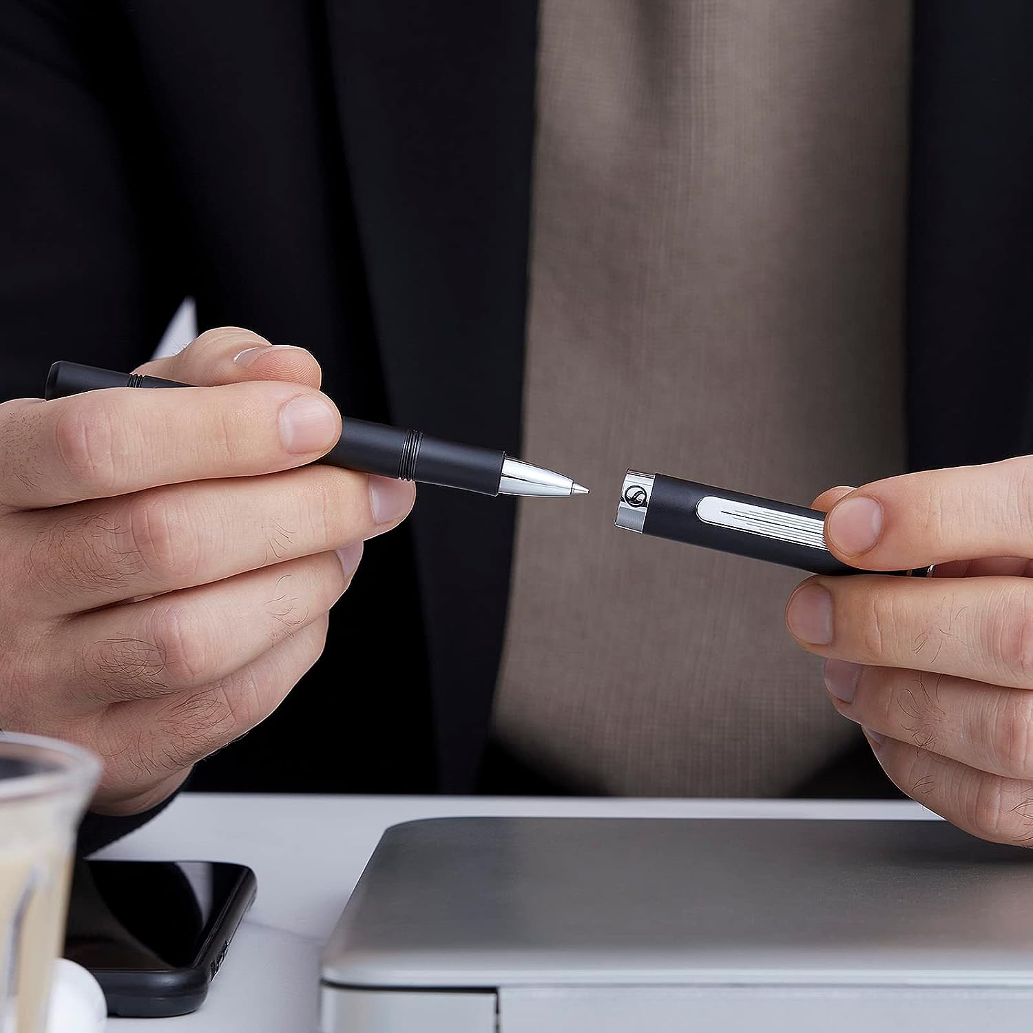 Scriveiner EDC Black Rollerball Luxury Pen, Stunning Pocket Pen with Chrome Finish