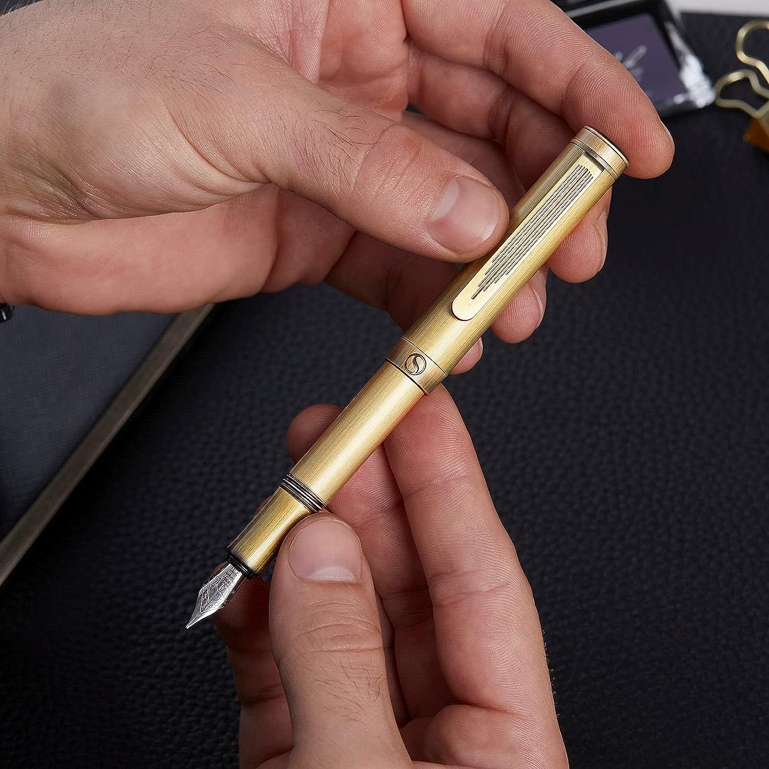 Scriveiner Luxury EDC Fountain Pen (Fine), Stunning Heavy Bronze Pocket Pen, Hand Brushed Finish
