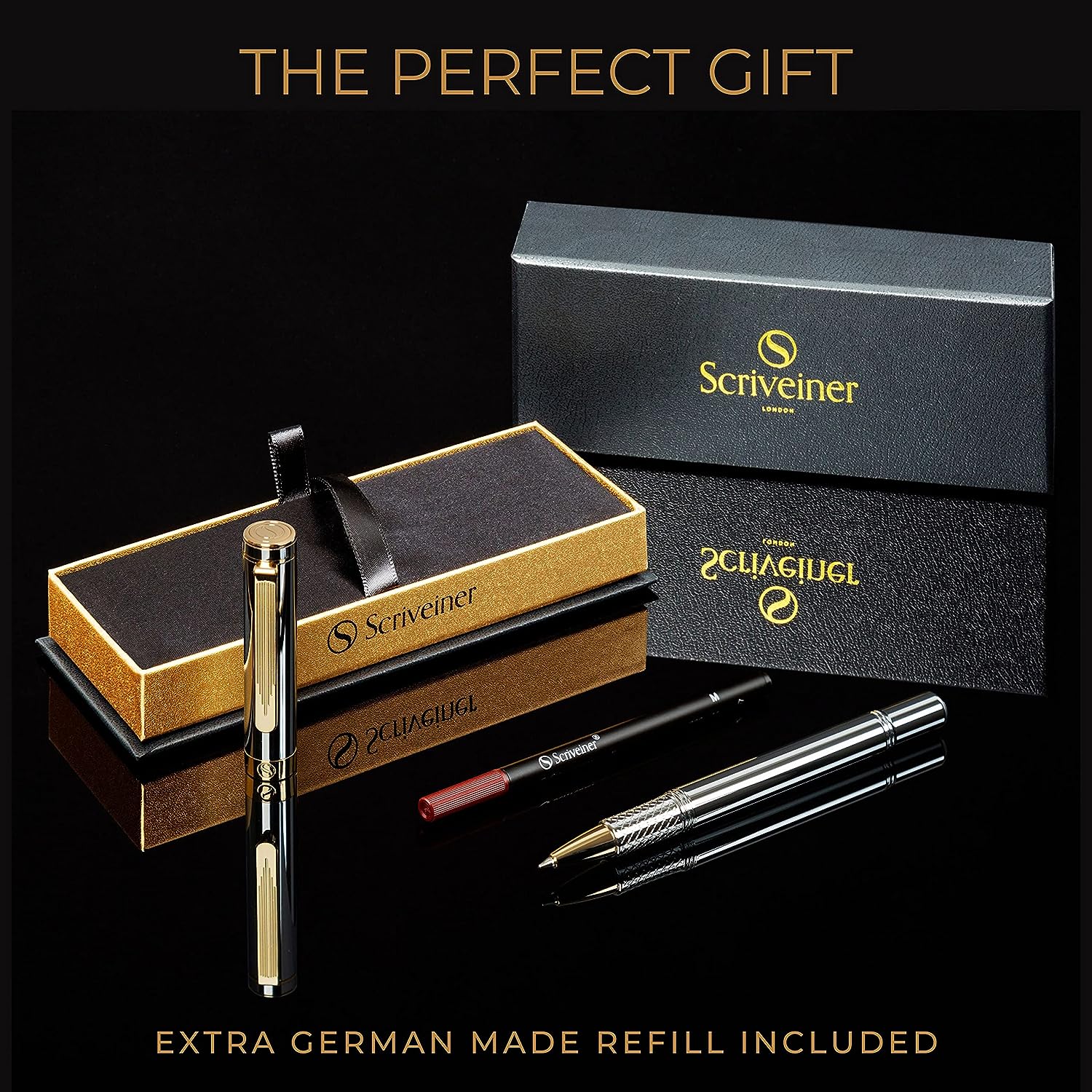 Scriveiner EDC Silver Chrome Rollerball, Award Winning Luxury Pen, Heavy Pocket Pen, 24K Gold Finish