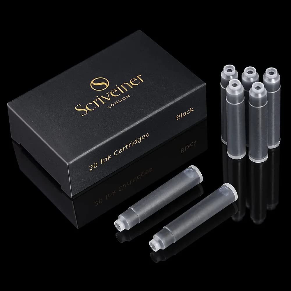 Scriveiner Fountain Pen Ink Cartridges - Black - 20 Standard International Ink Cartridges, Made in UK