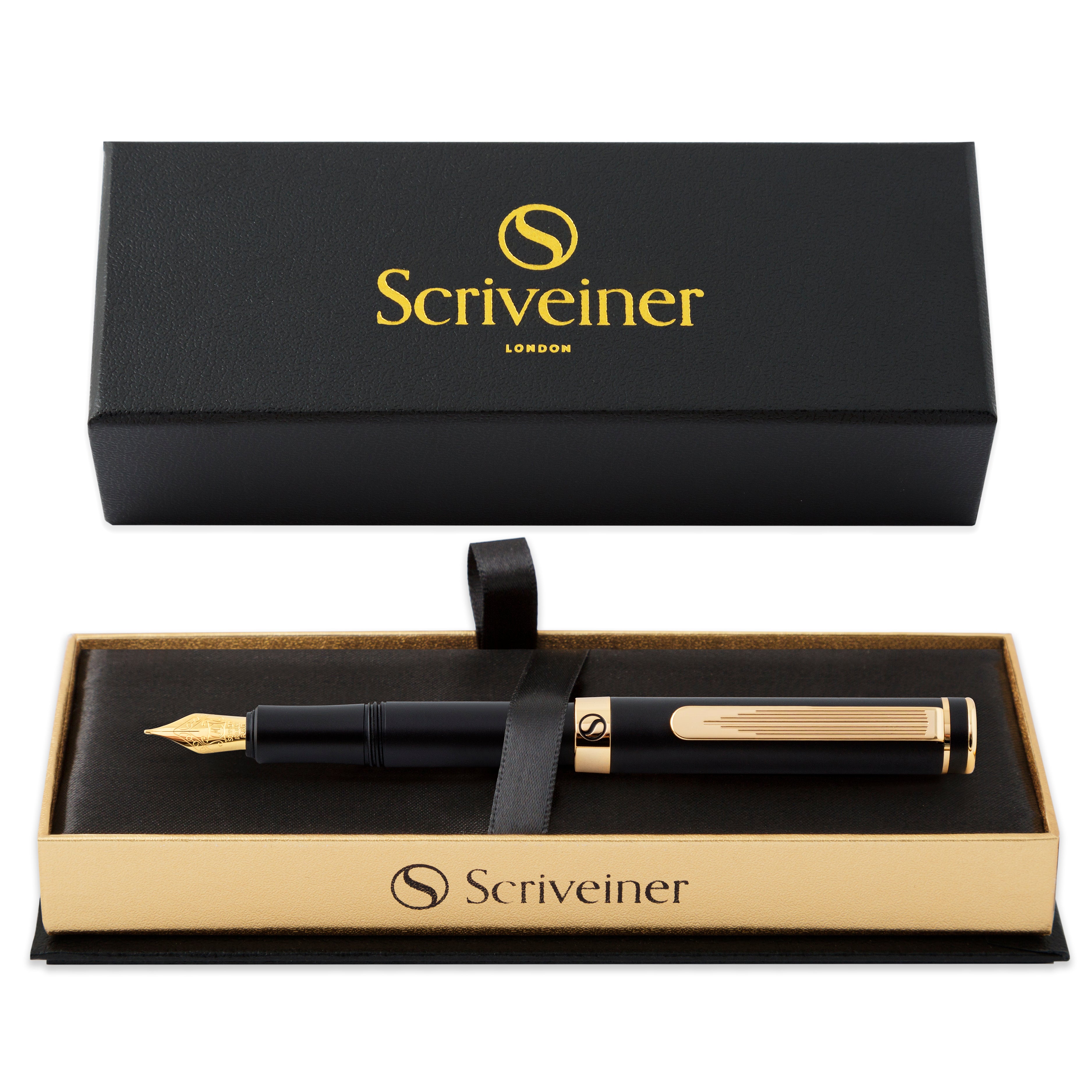 Scriveiner Luxury EDC Fountain Pen (Medium), Stunning Black Pocket Pen, Gold Finish