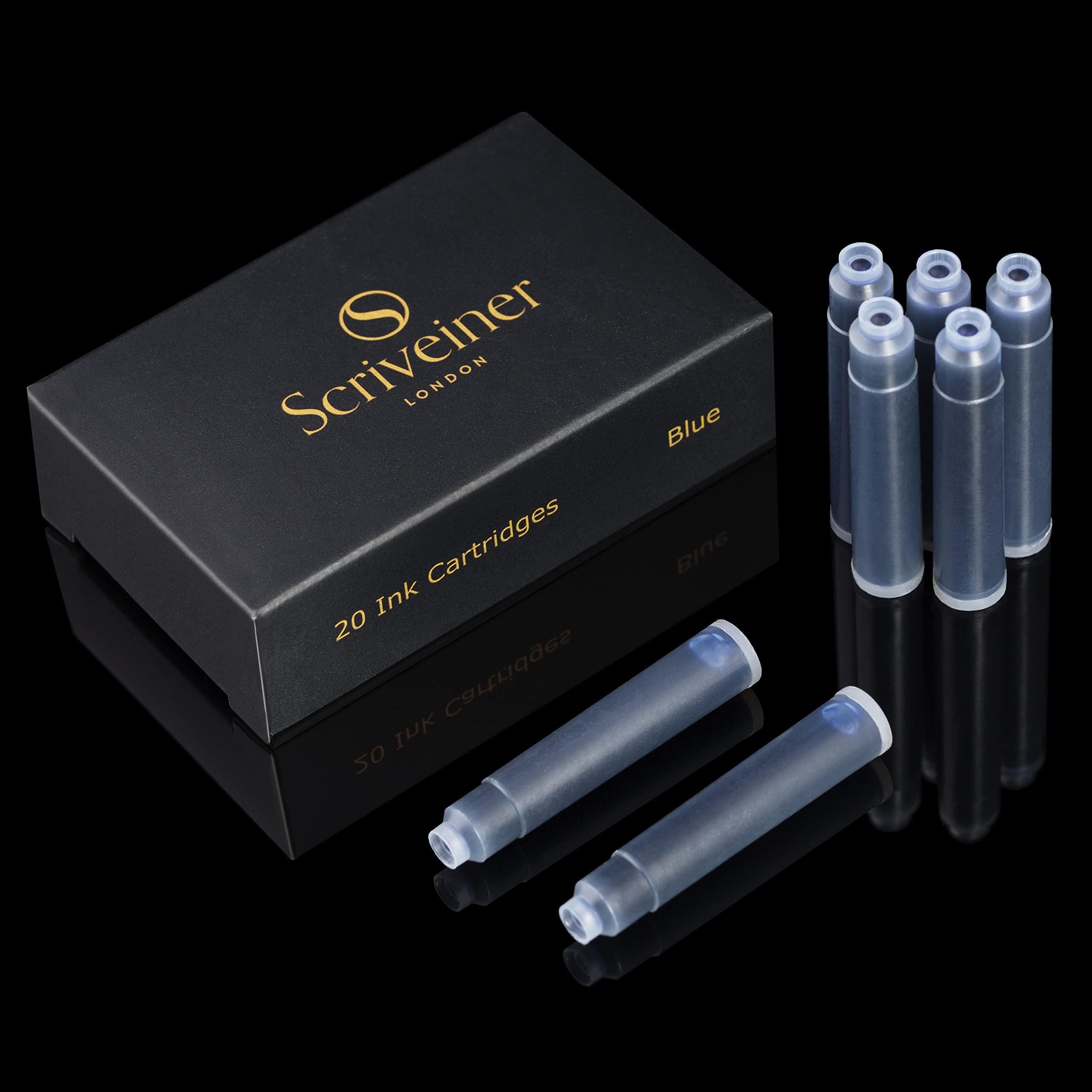 Scriveiner Fountain Pen Ink Cartridges - Blue - 20 Standard International Ink Cartridges, Made in UK