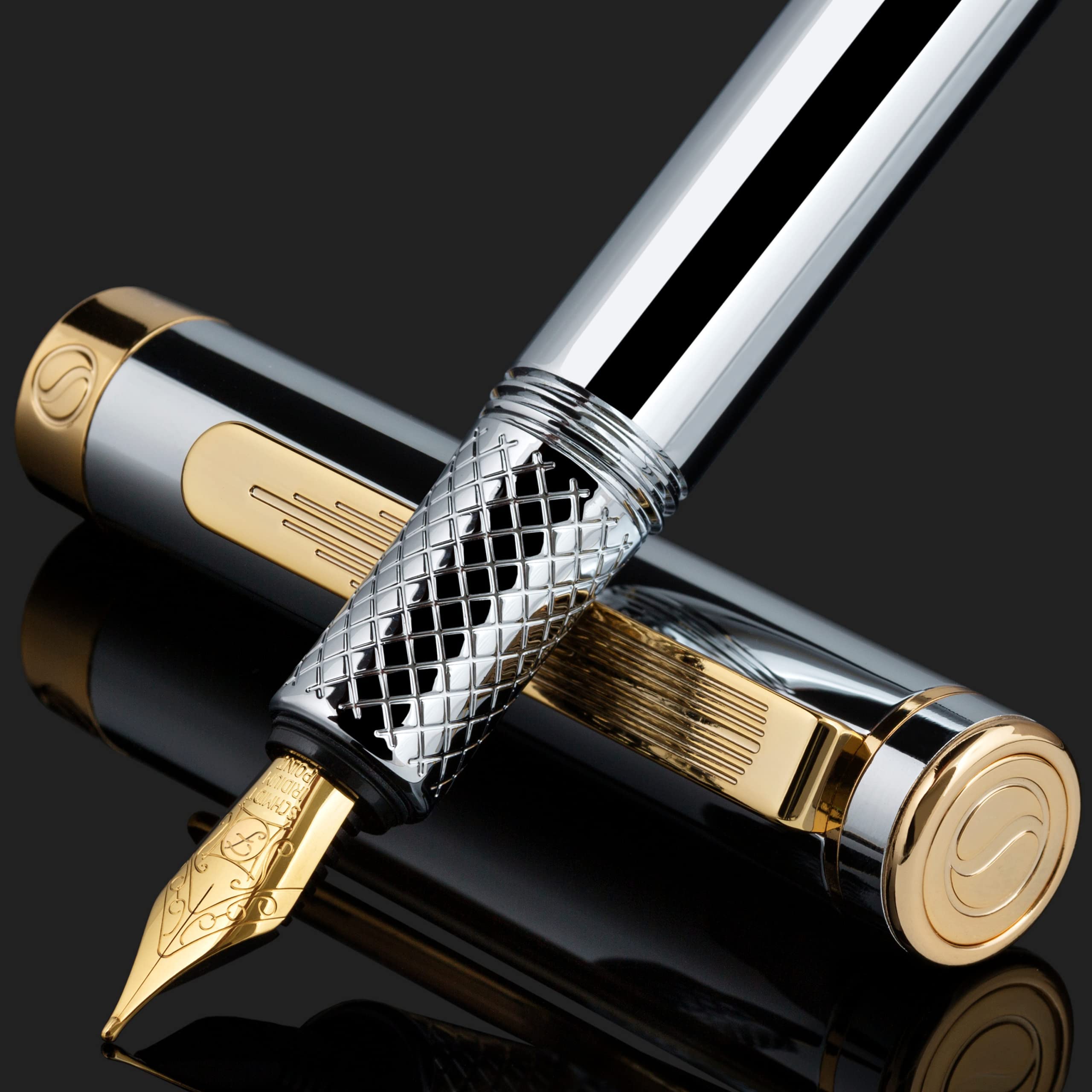Scriveiner Silver Chrome Fountain Pen (Fine), Award Winning Luxury Pen, Heavy Pocket Pen with 24K Gold Finish